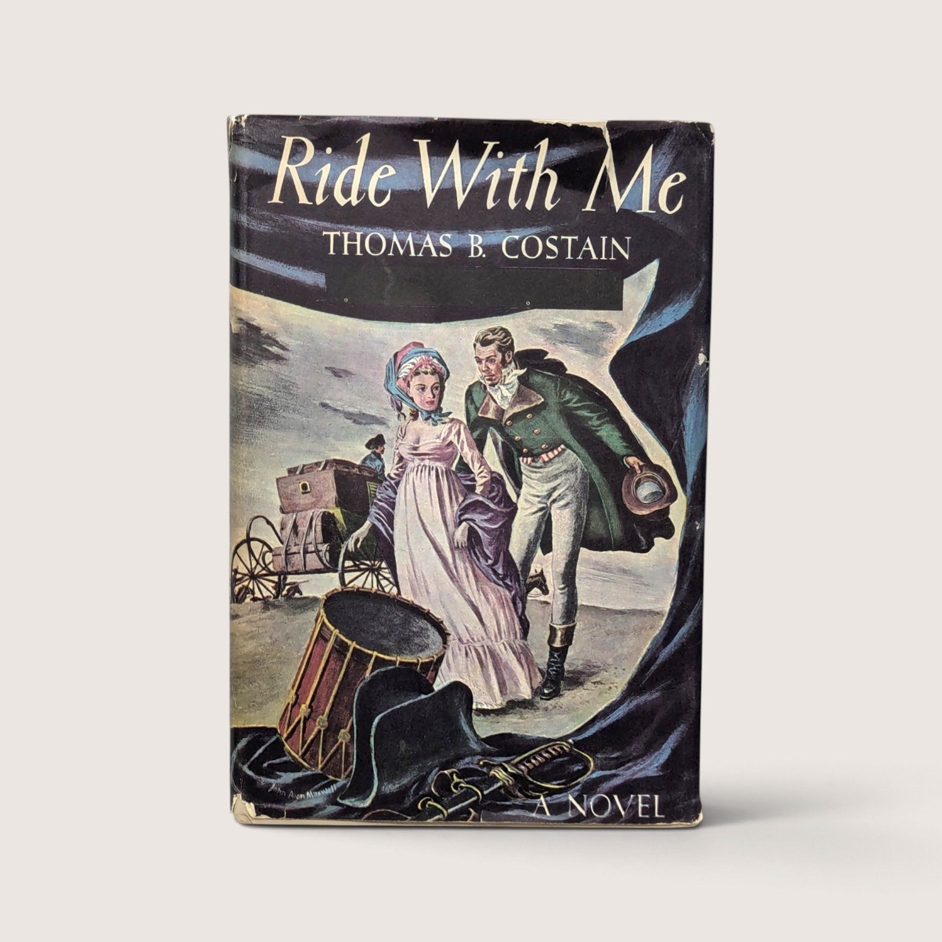 Vintage 1940s hardcover edition of Ride With Me by Thomas B. Costain with illustrated dust jacket featuring a historical couple.