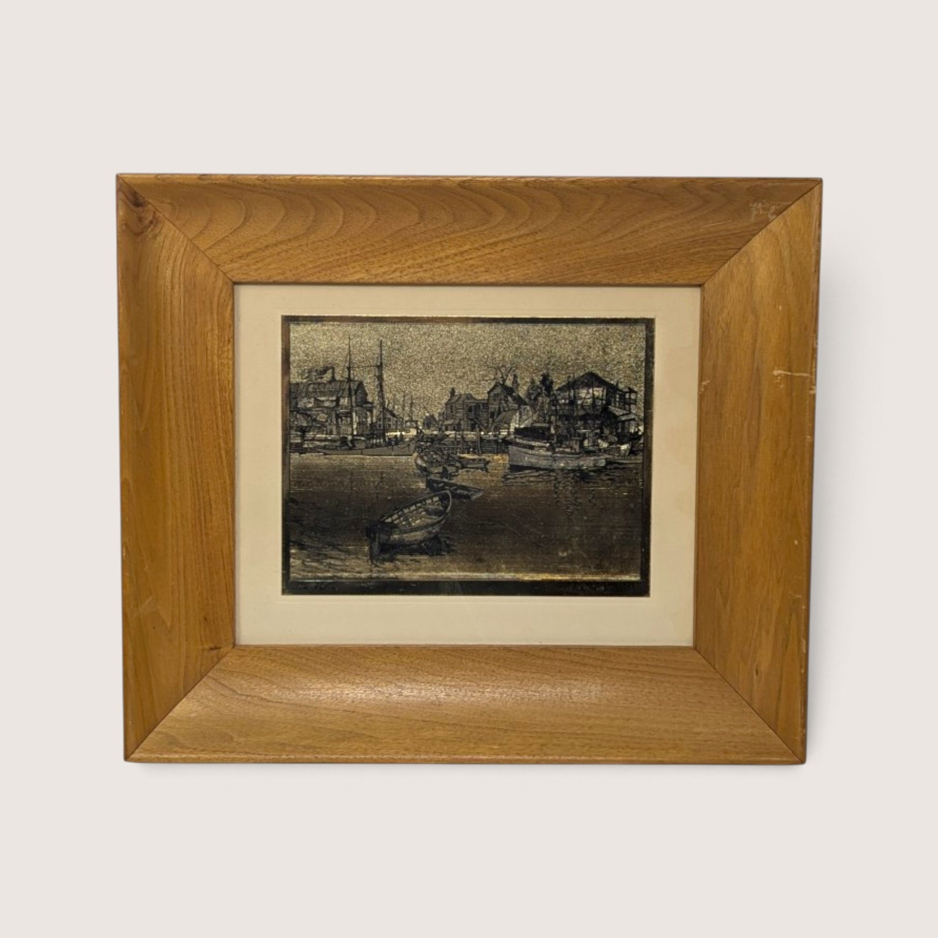 Vintage 1950s gold foil etched print titled San Pedro by Lionel Barrymore depicting a coastal harbor with moored boats in a deep wood frame.