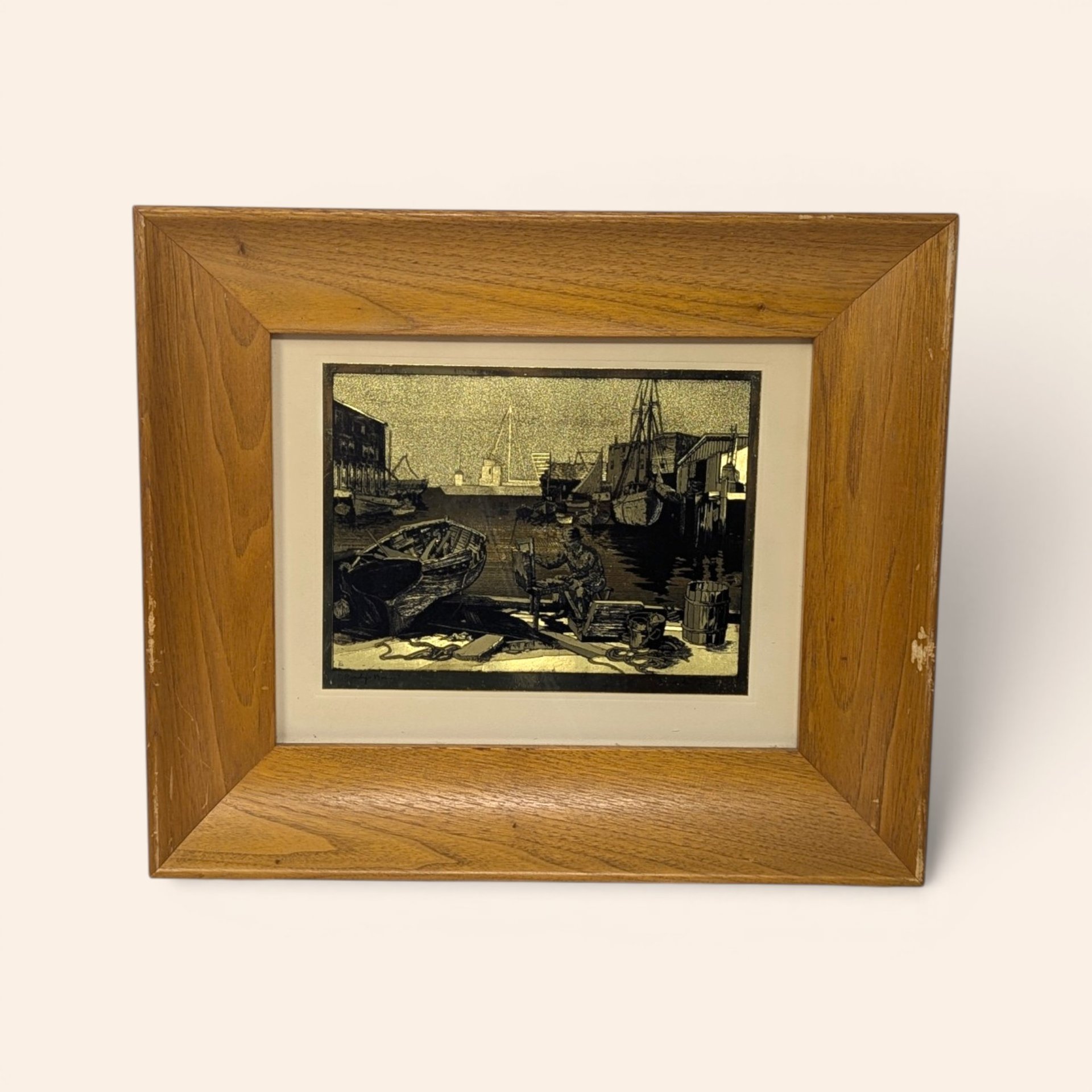Vintage Lionel Barrymore Purdy's Basin gold foil etched print in a deep wooden frame.