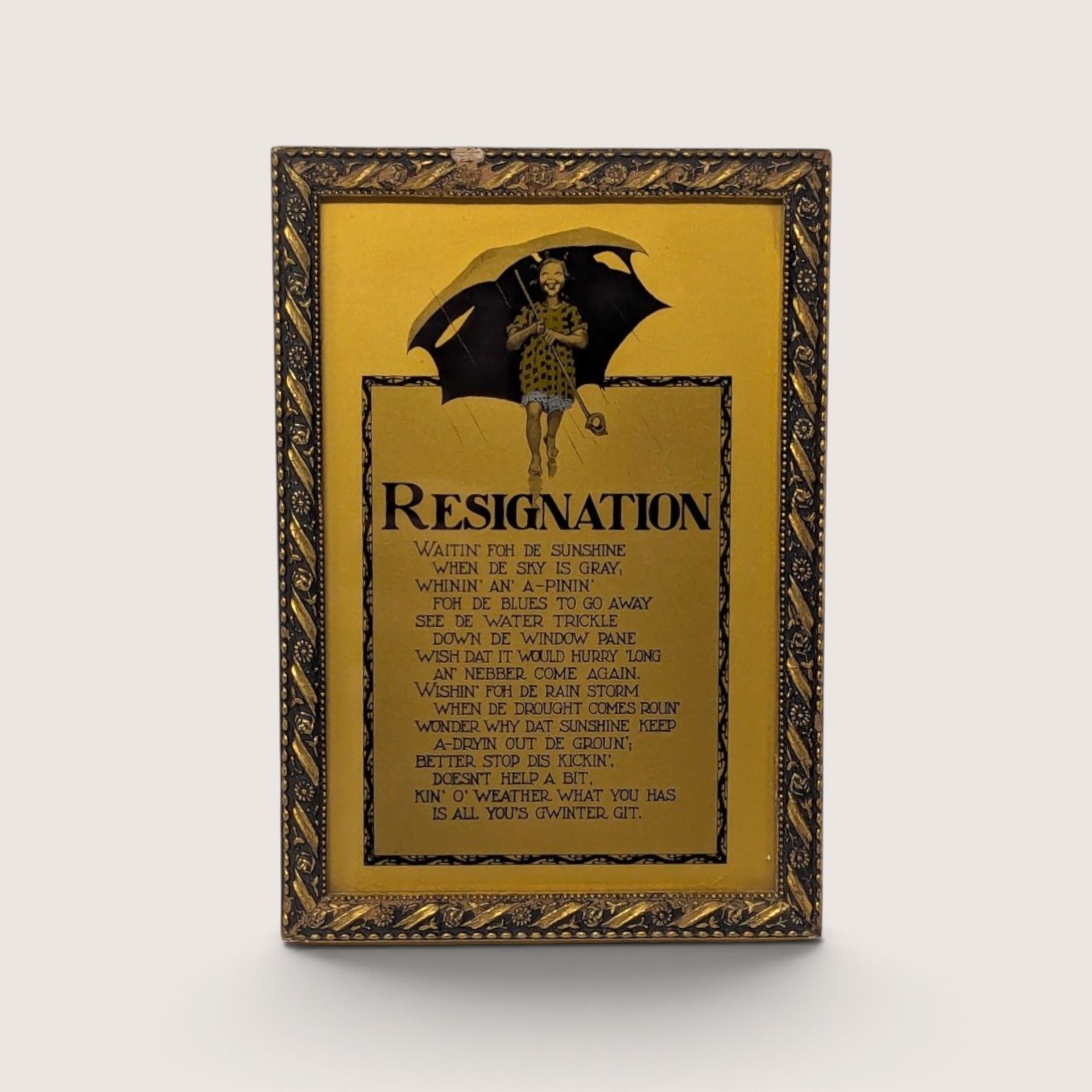 Vintage 1960s framed folk art print of the Resignation poem featuring a figure with an umbrella on a gold background inside an ornate frame.