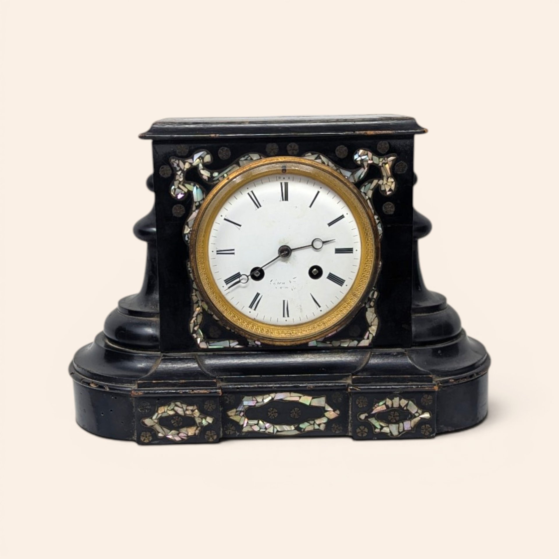1880s Japy Freres French Black Lacquer Mother of Pearl Mantle Clock