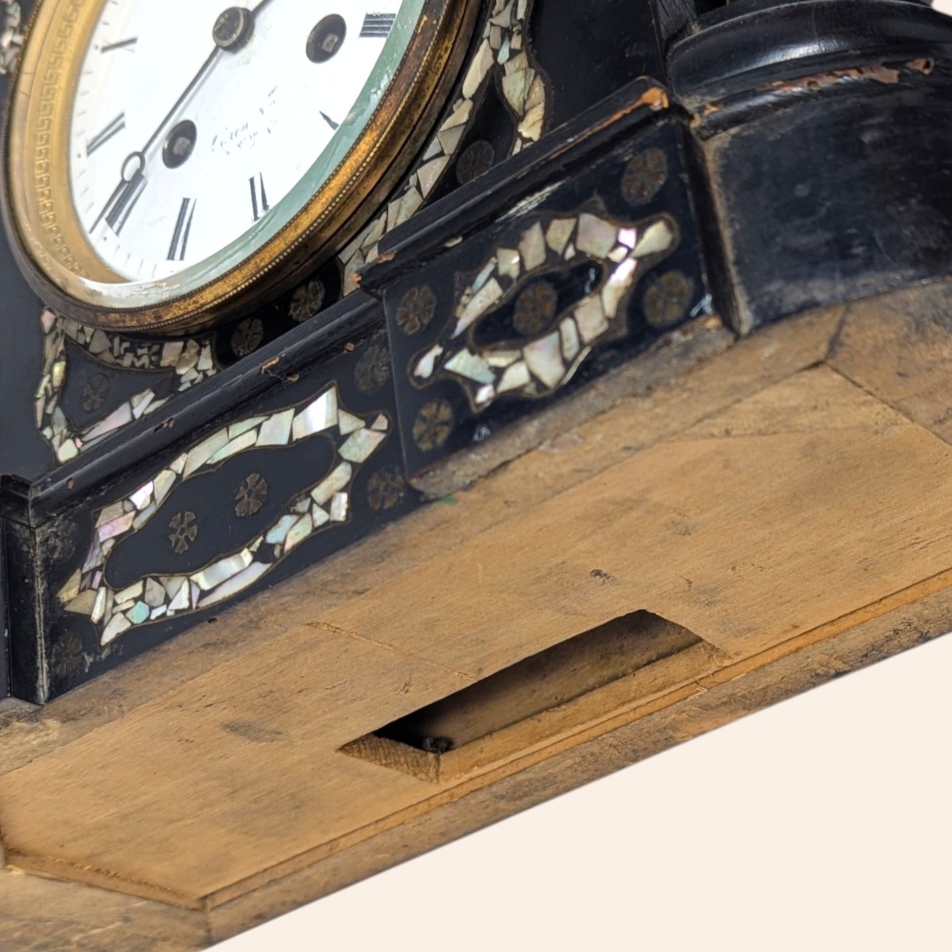 1880s Japy Freres French Black Lacquer Mother of Pearl Mantle Clock