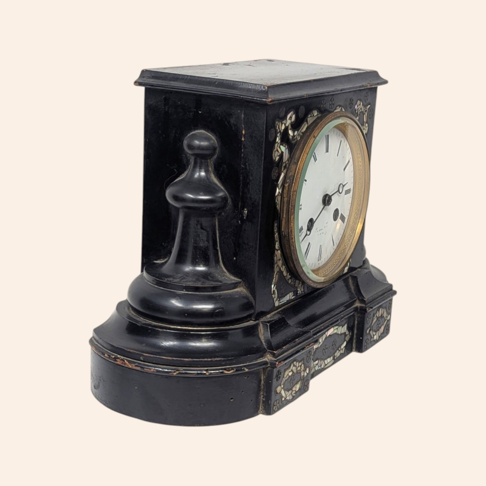 1880s Japy Freres French Black Lacquer Mother of Pearl Mantle Clock