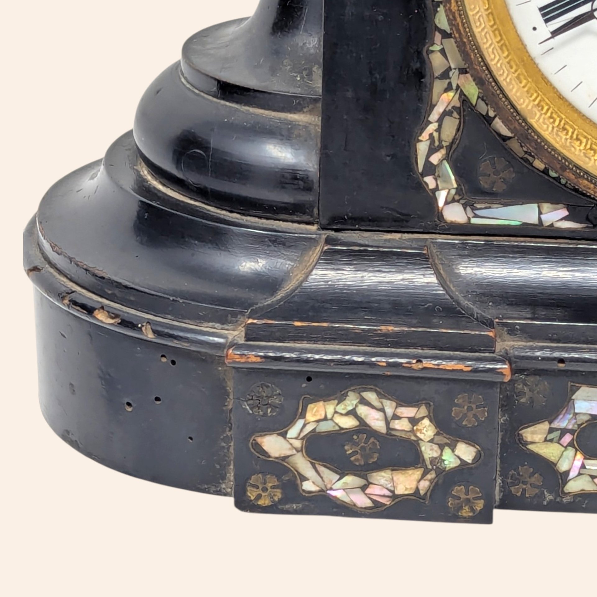 1880s Japy Freres French Black Lacquer Mother of Pearl Mantle Clock