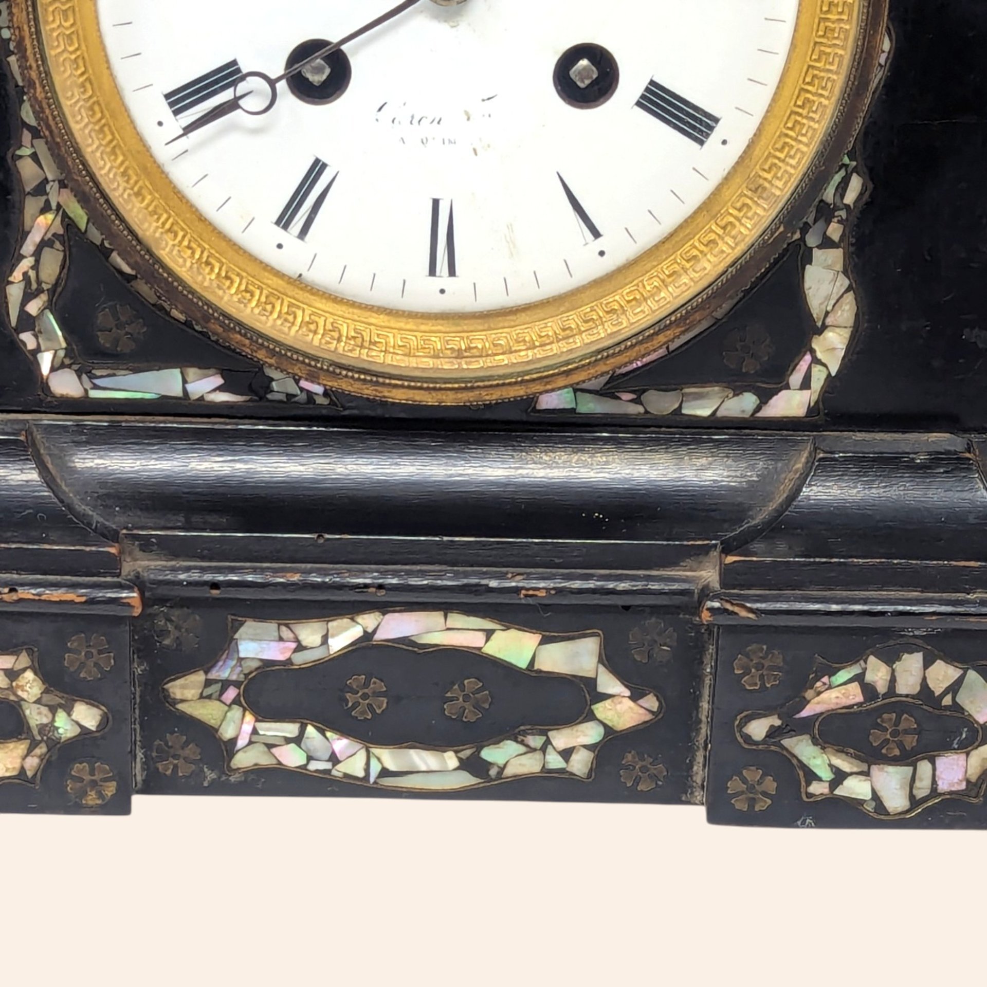 1880s Japy Freres French Black Lacquer Mother of Pearl Mantle Clock
