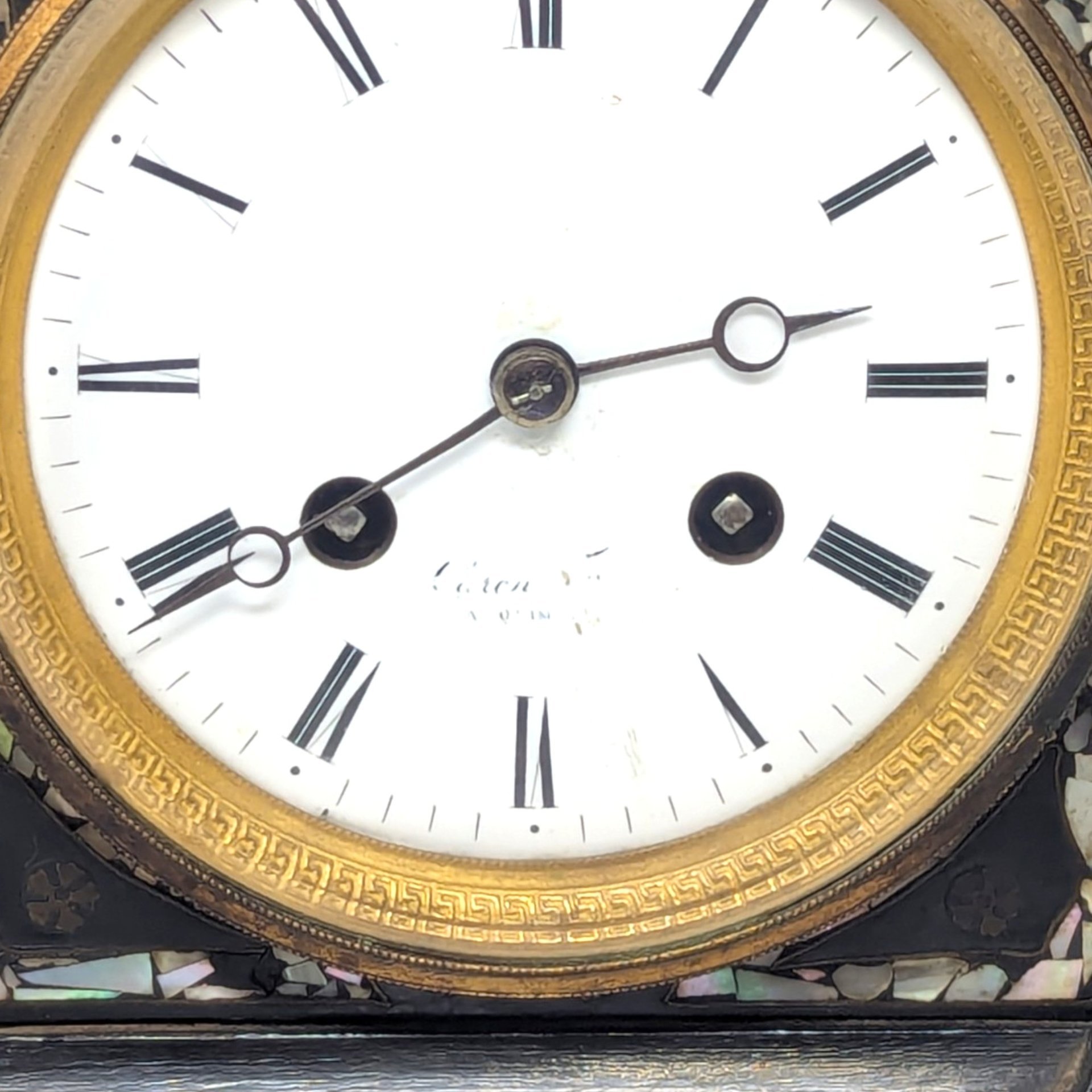 1880s Japy Freres French Black Lacquer Mother of Pearl Mantle Clock