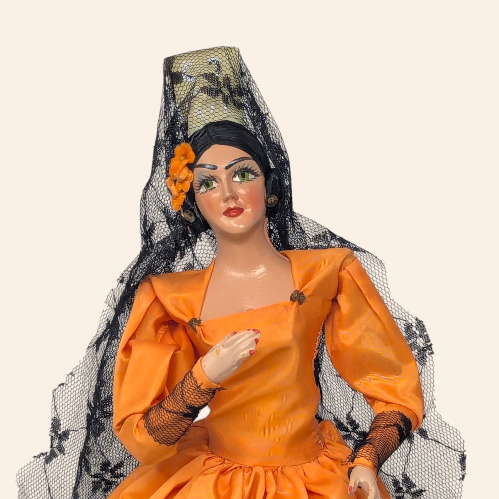 Vintage Spanish Senorita Doll in Orange Dress and Black Lace Mantilla
