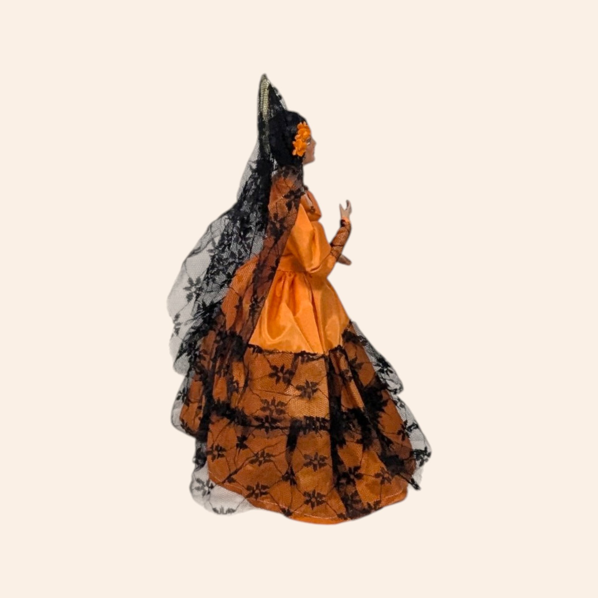 Vintage Spanish Senorita Doll in Orange Dress and Black Lace Mantilla