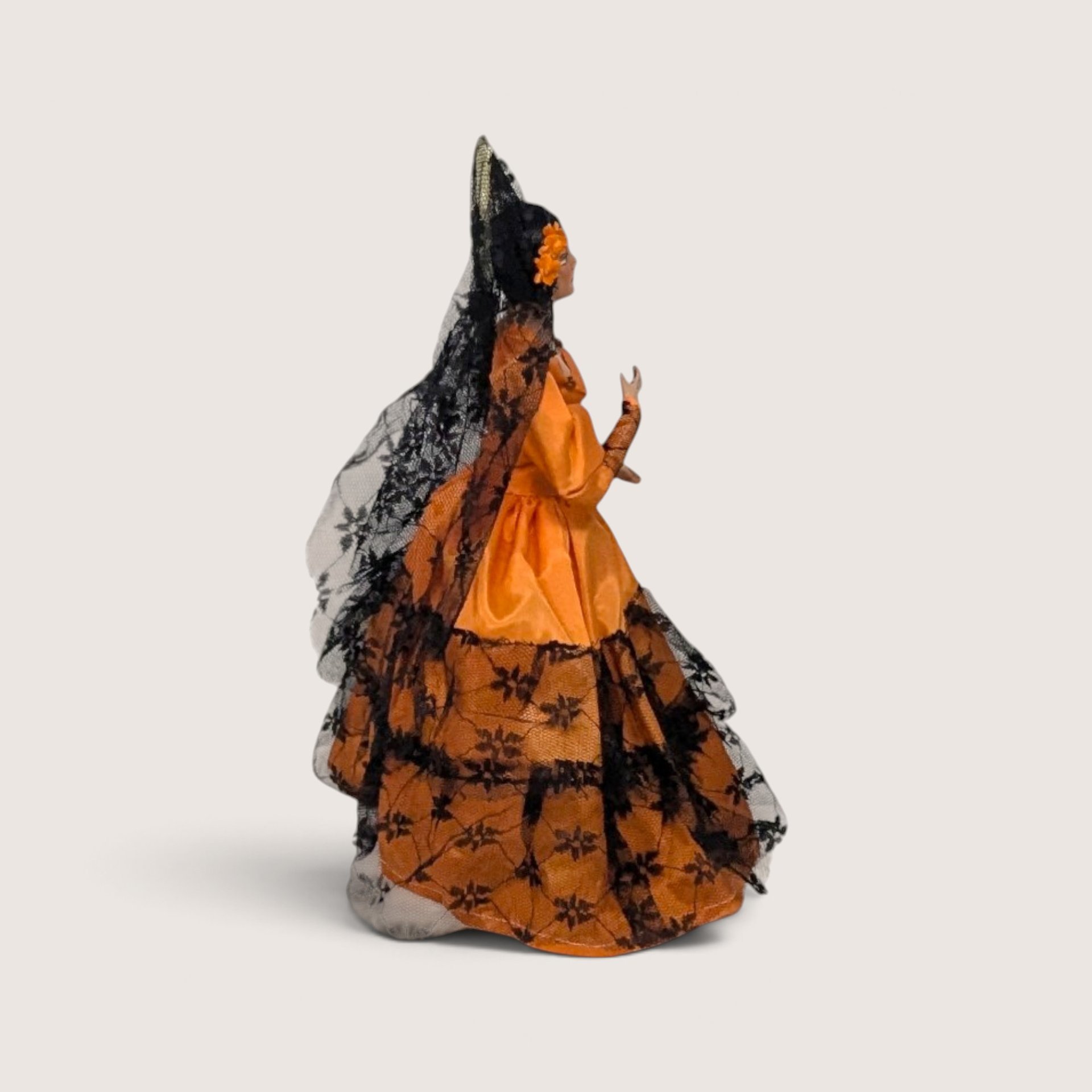 Vintage Spanish Senorita Doll in Orange Dress and Black Lace Mantilla