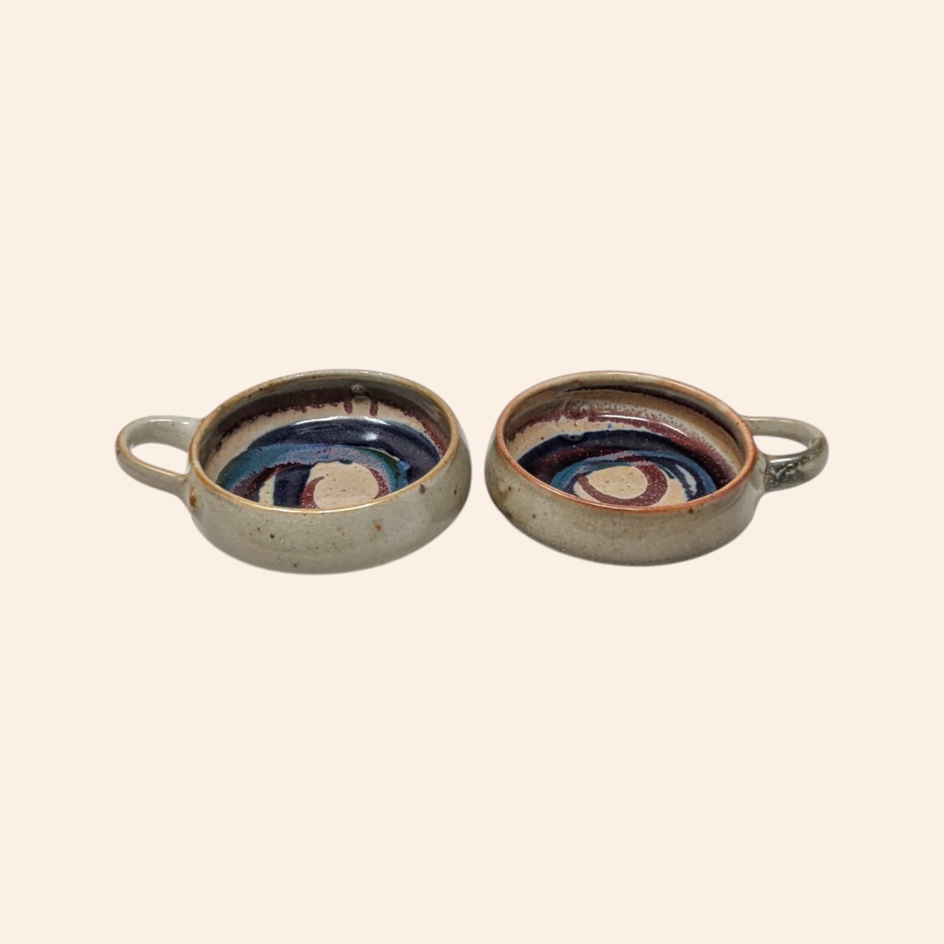 Set of 2 Handmade Stoneware Bowls with Swirls and Handles