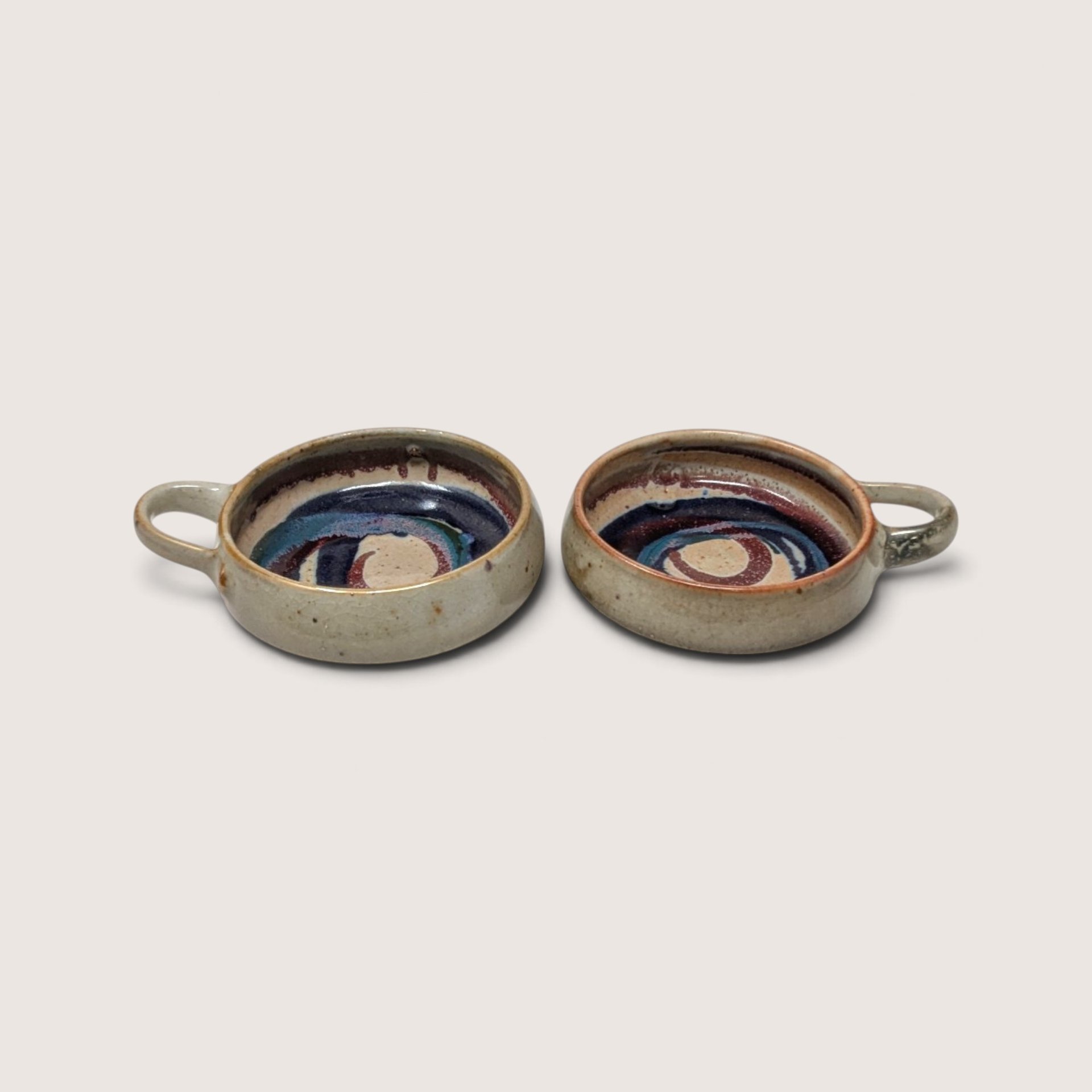 Set of 2 Vintage Handmade Stoneware Bowls with Swirls and Handles