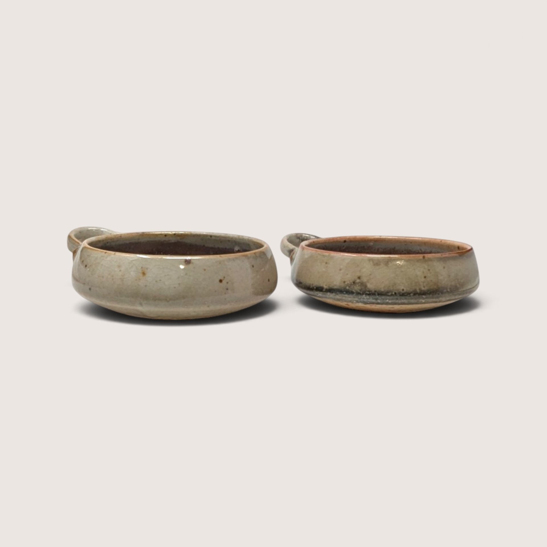 Set of 2 Vintage Handmade Stoneware Bowls with Swirls and Handles