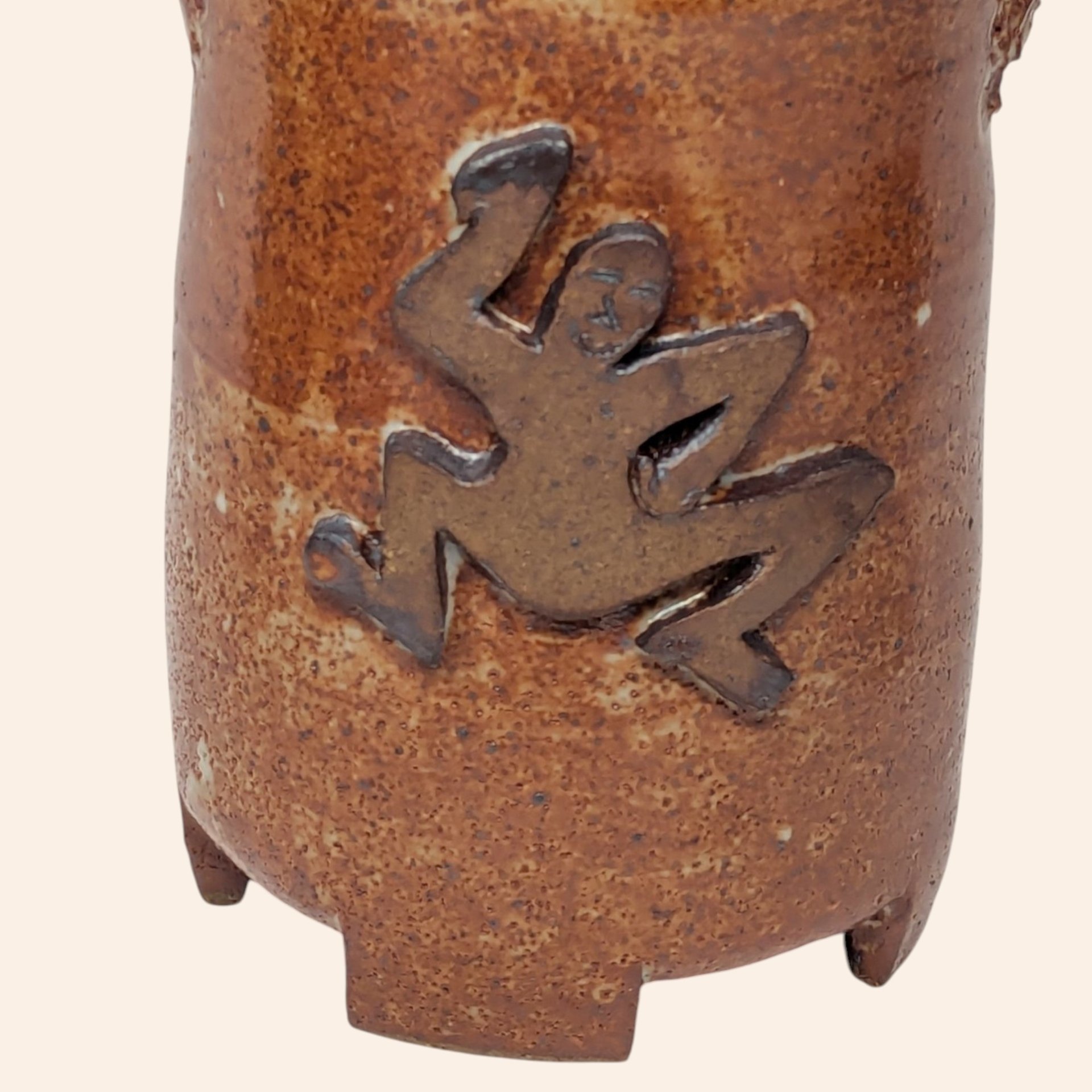 Vintage Handmade Stoneware Pottery Basket with Frog Motif