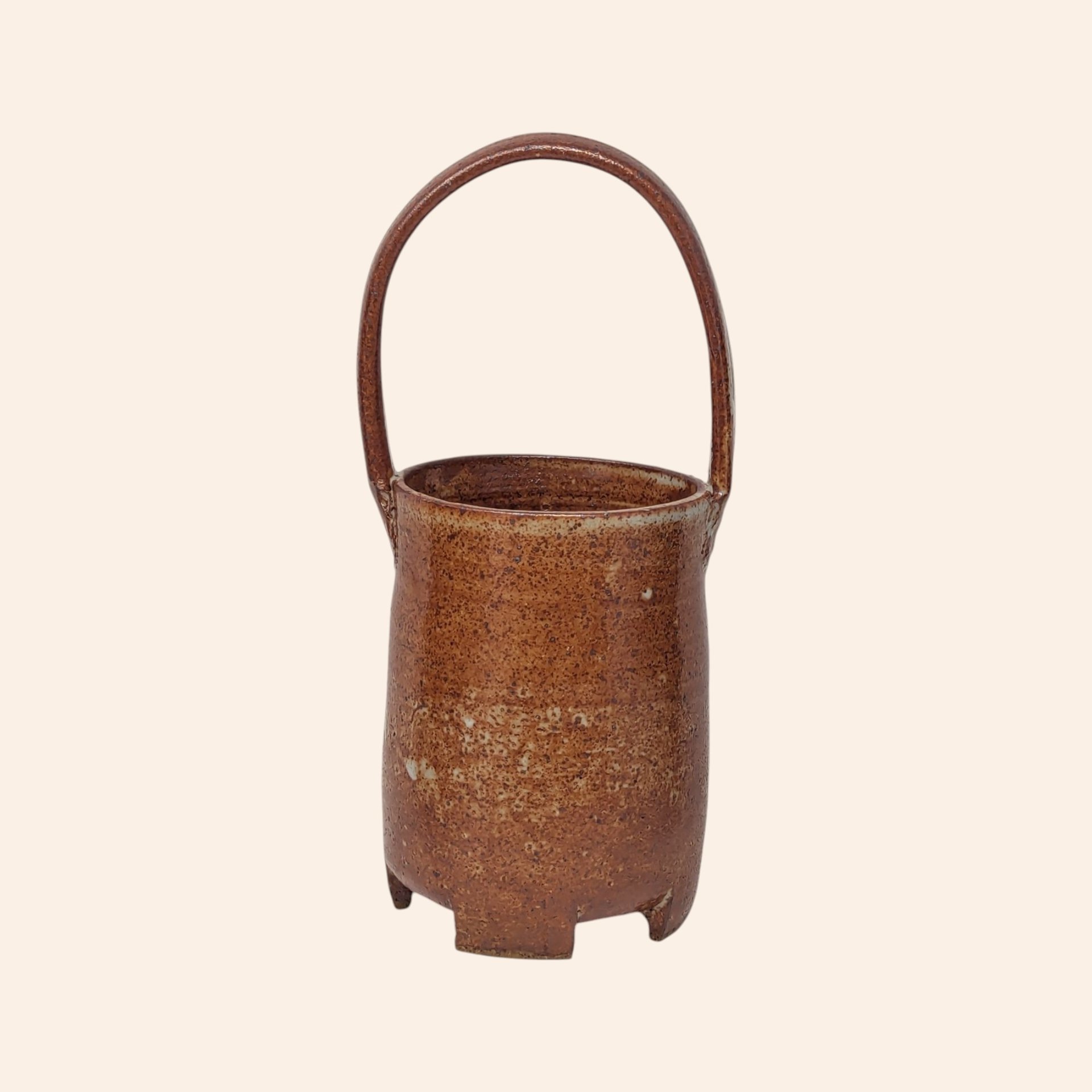 Vintage Handmade Stoneware Pottery Basket with Frog Motif