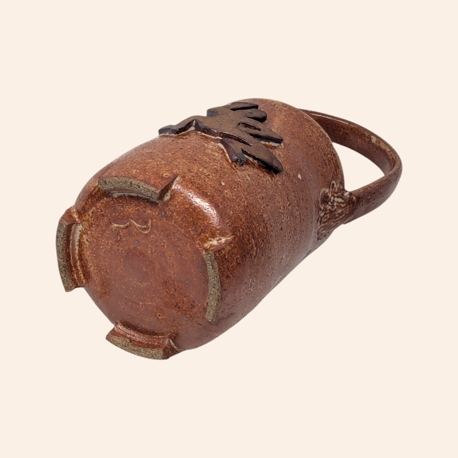 Vintage Handmade Stoneware Pottery Basket with Frog Motif