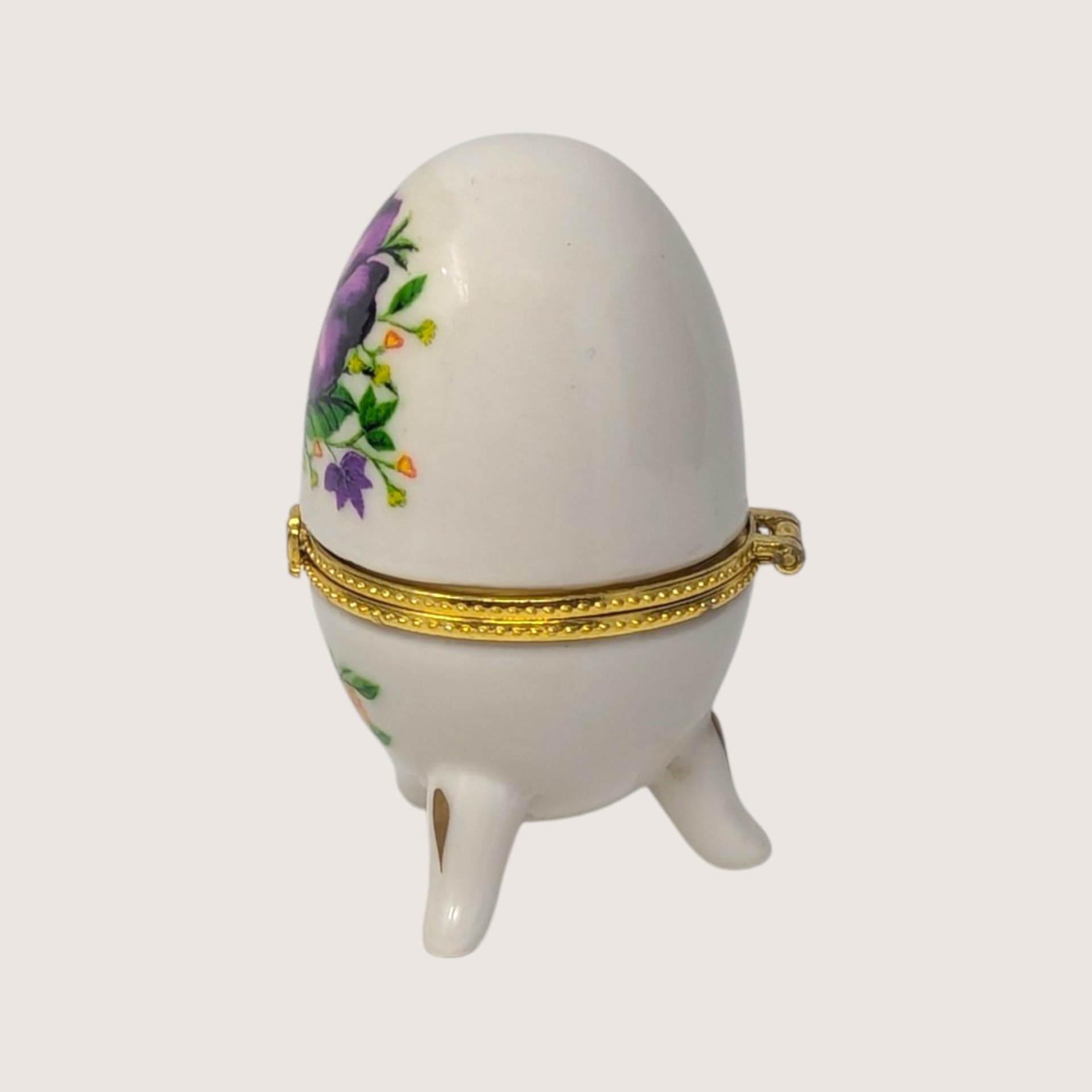 Vintage Porcelain Purple Flower Footed Egg Trinket Box