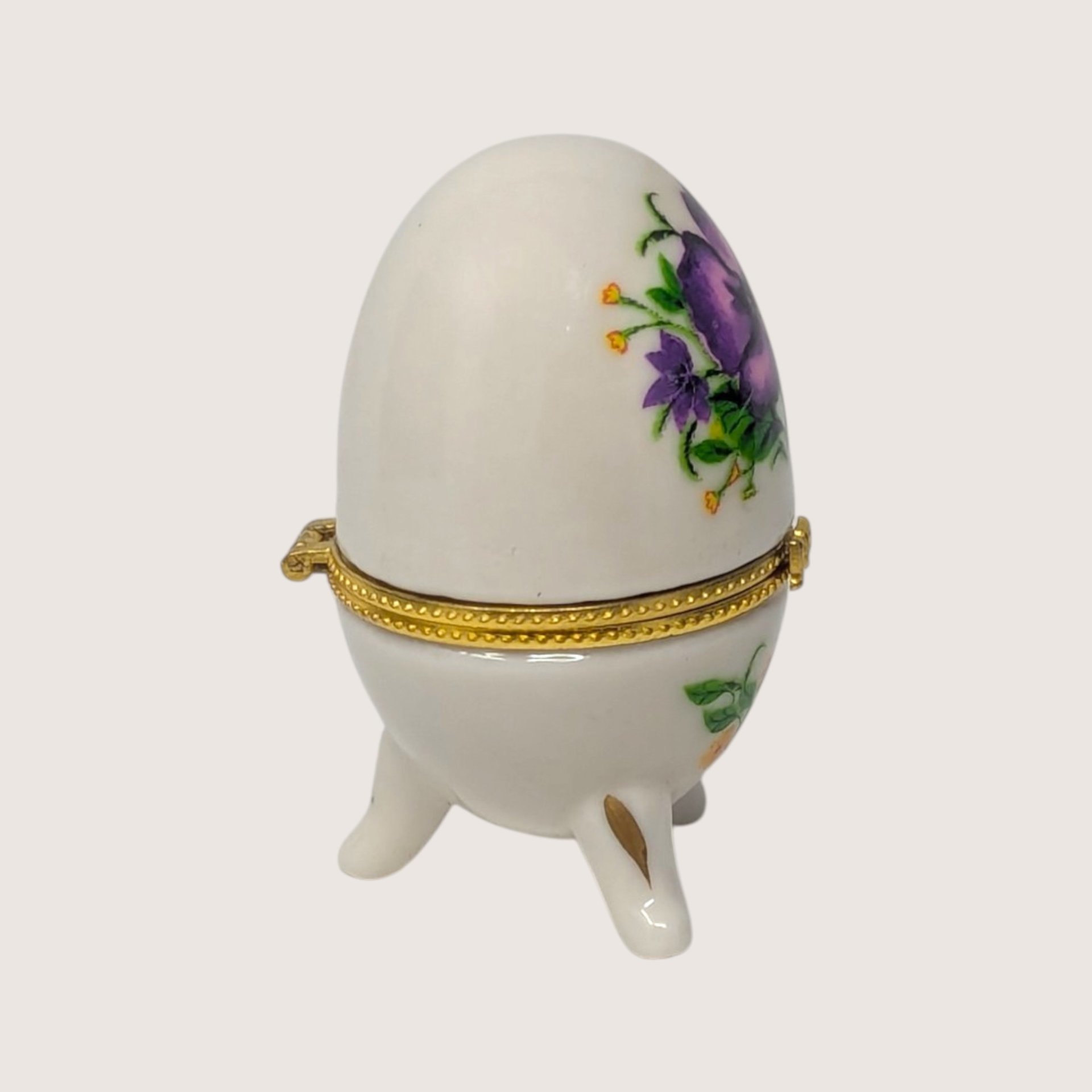 Vintage Porcelain Purple Flower Footed Egg Trinket Box