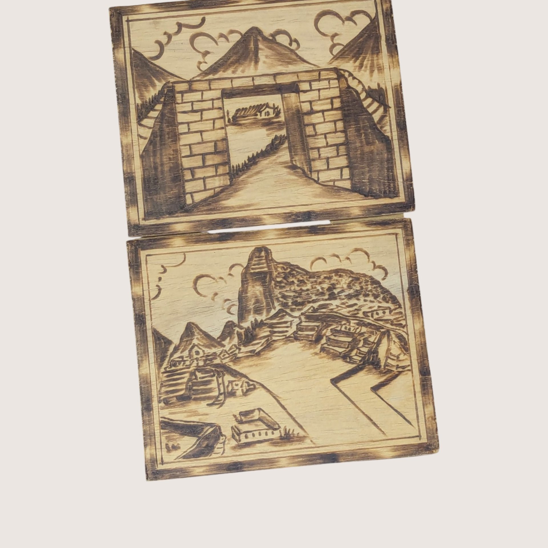 Vintage Peruvian Wood Burned Hanging Wall Plaques