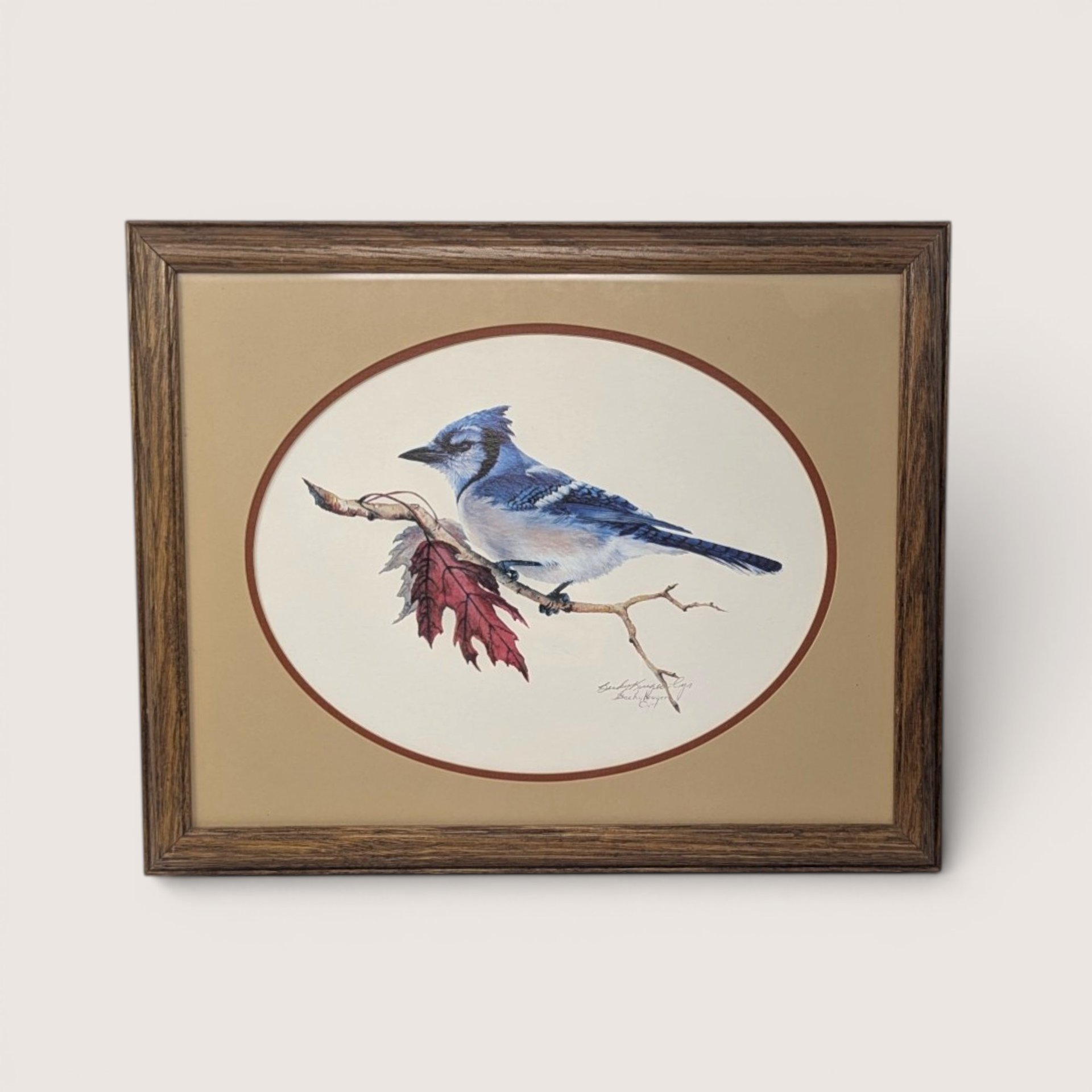 Framed vintage blue jay art print signed by Beck Krueger featuring a blue bird on a branch with a red leaf