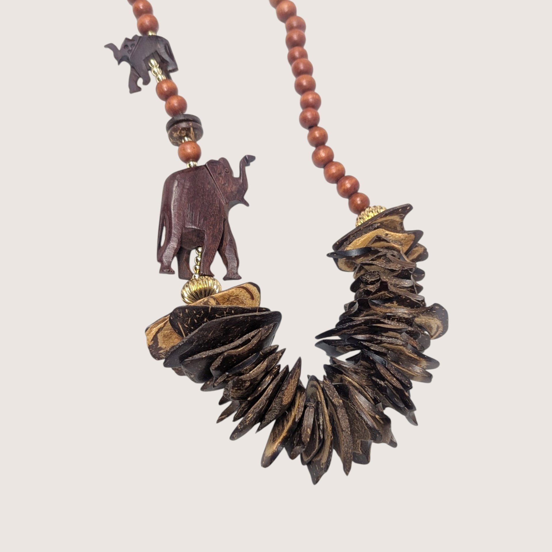 Vintage Wooden Chip And Elephant Statement Necklace