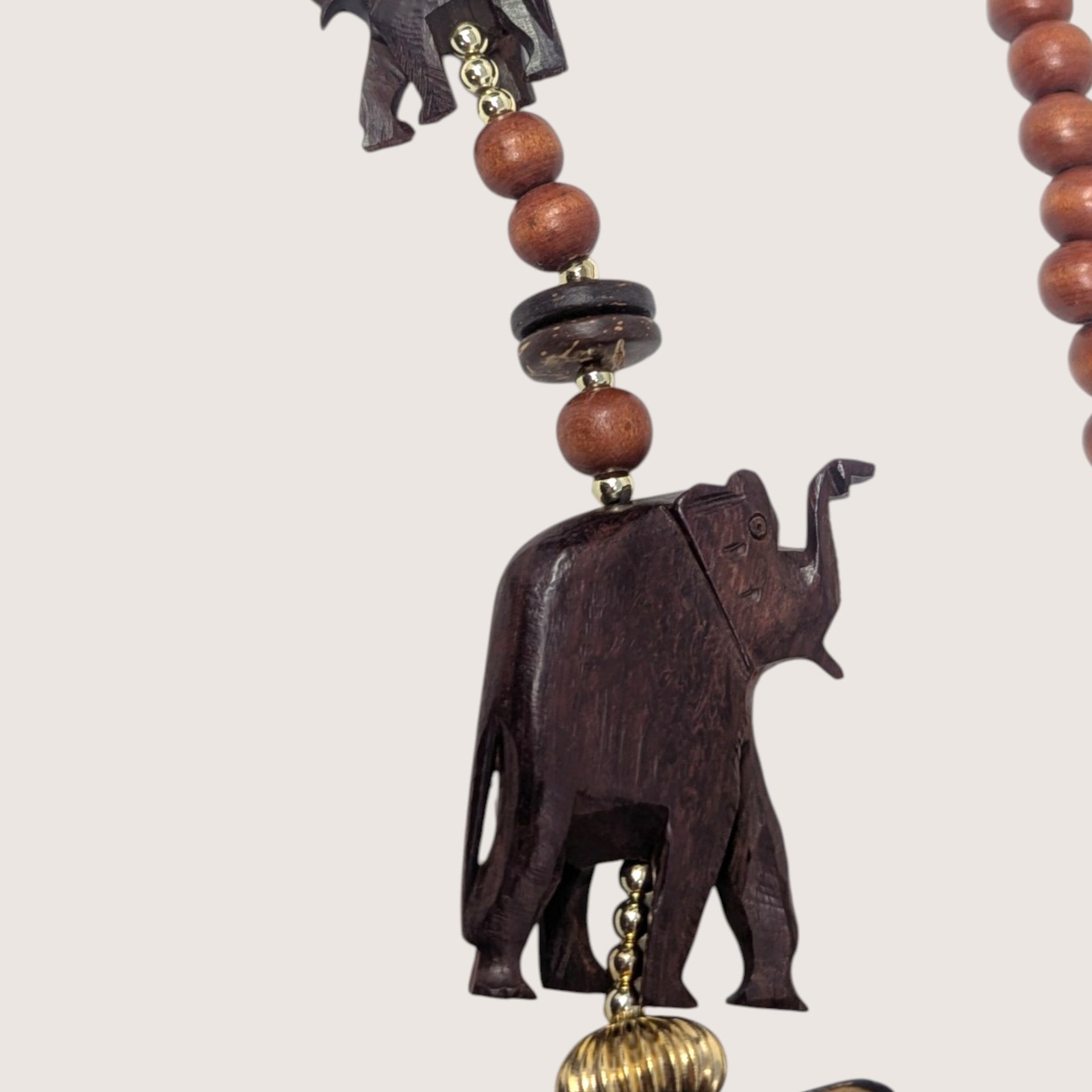 Vintage Wooden Chip And Elephant Statement Necklace