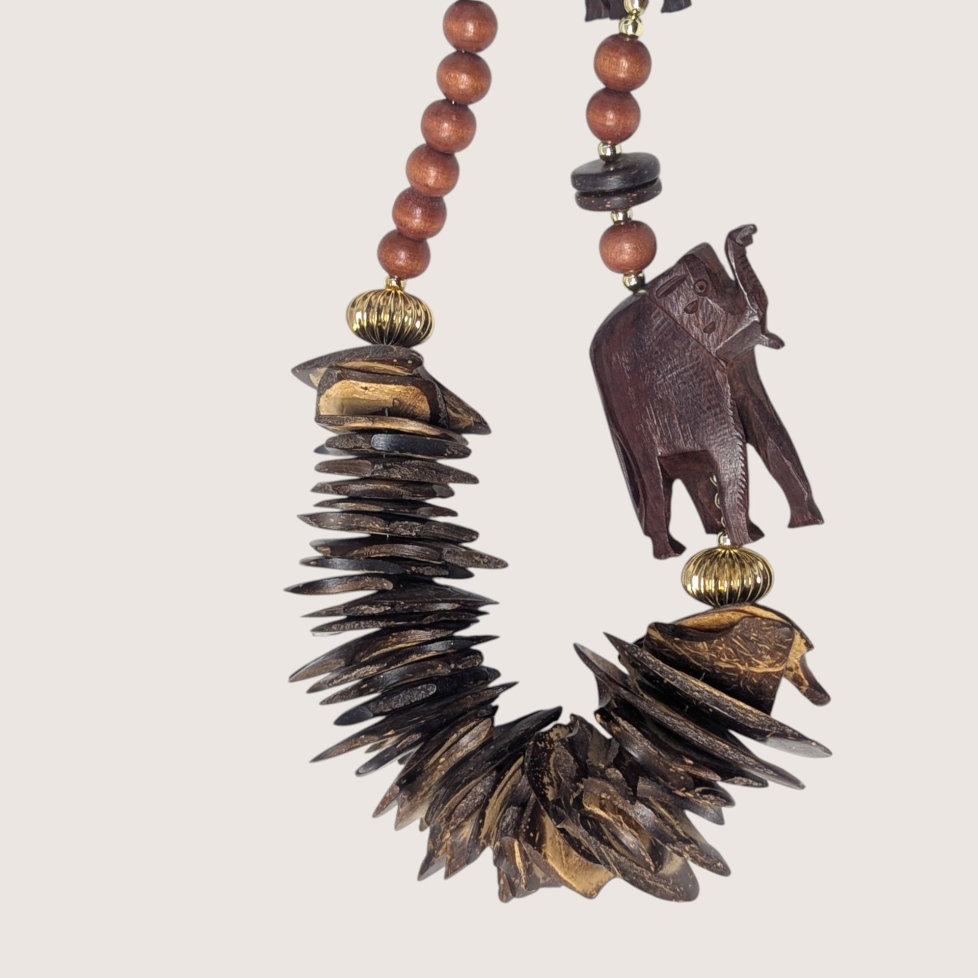 Vintage Wooden Chip And Elephant Statement Necklace