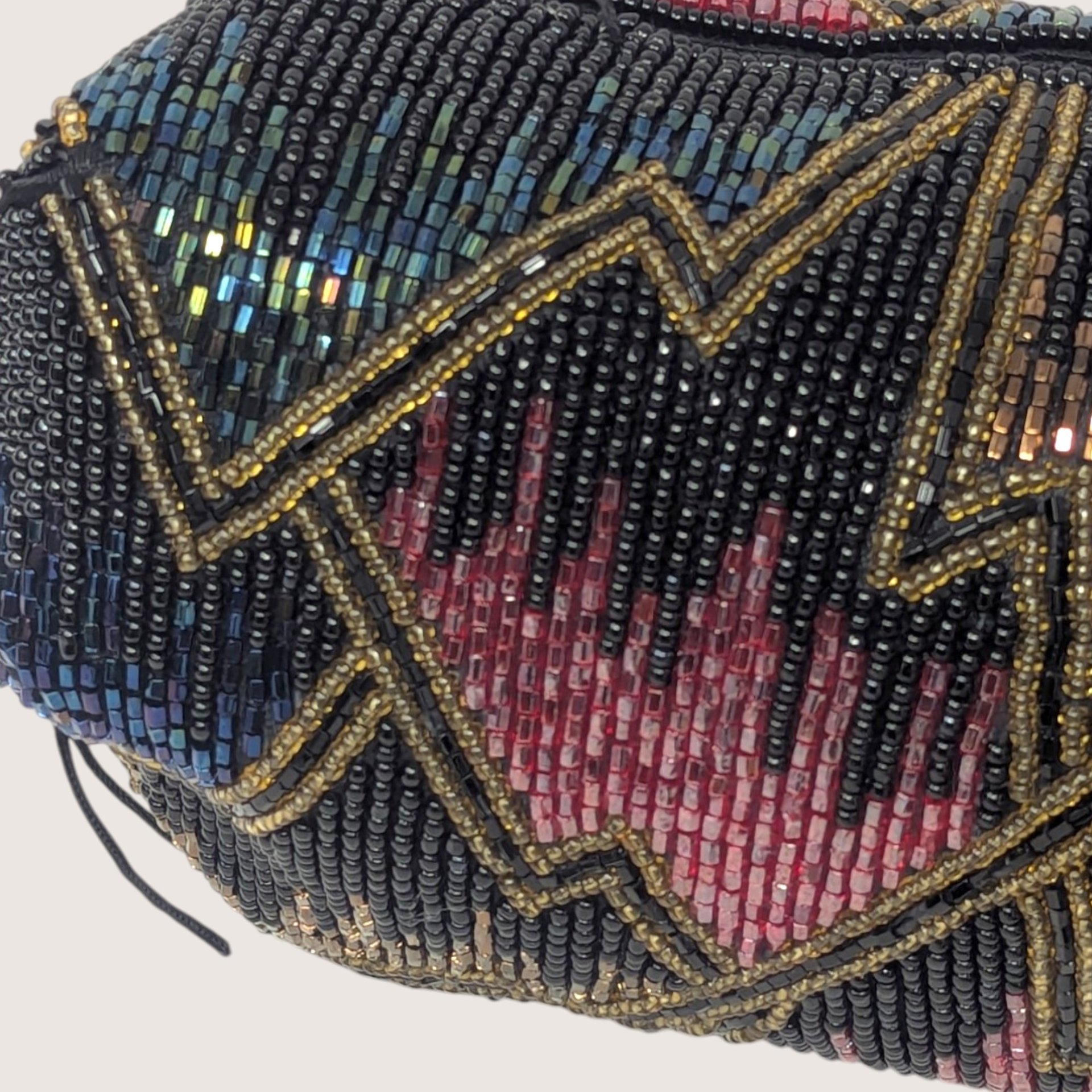 Vintage Beaded Black Purse With Multicolor Geometric Design