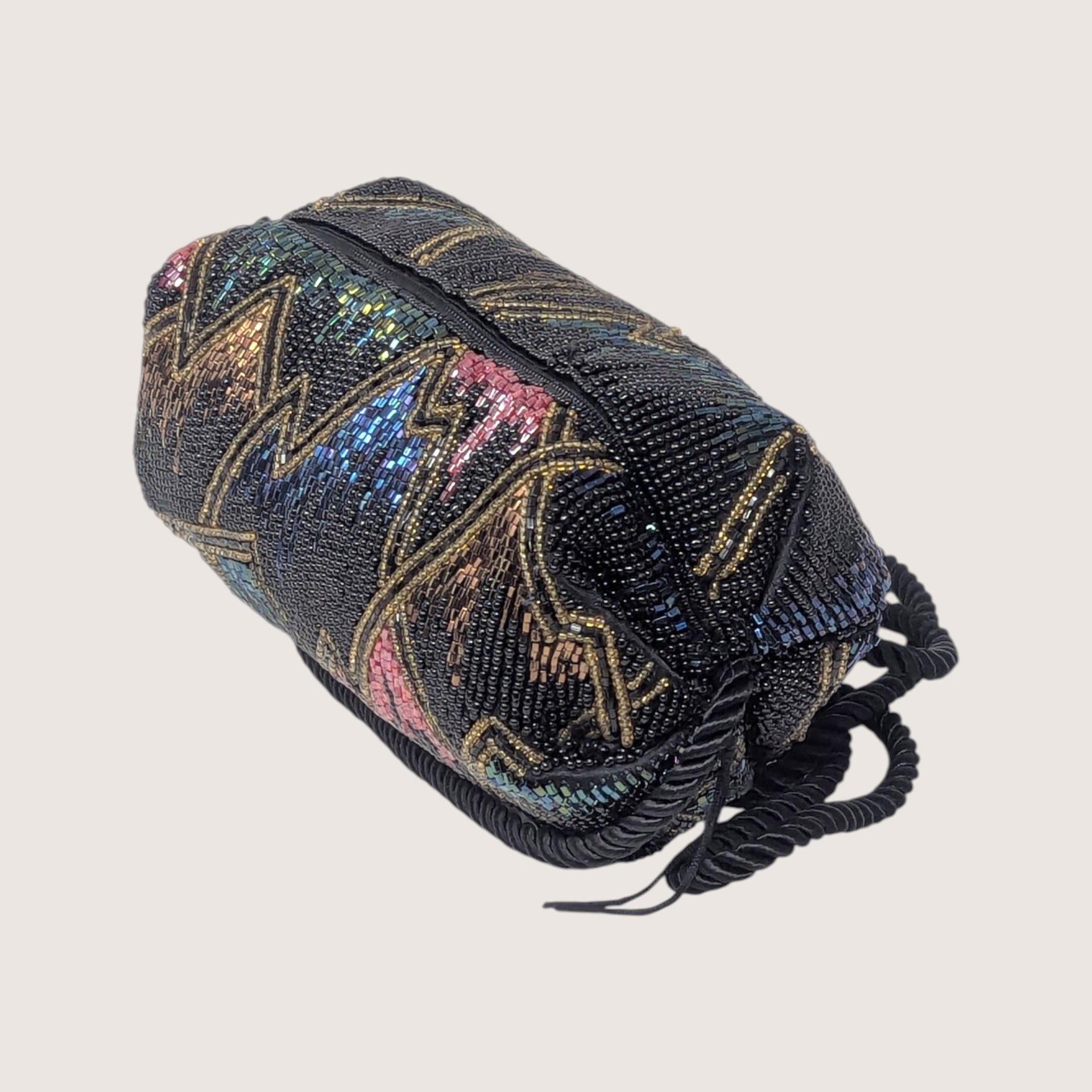 Vintage Beaded Black Purse With Multicolor Geometric Design