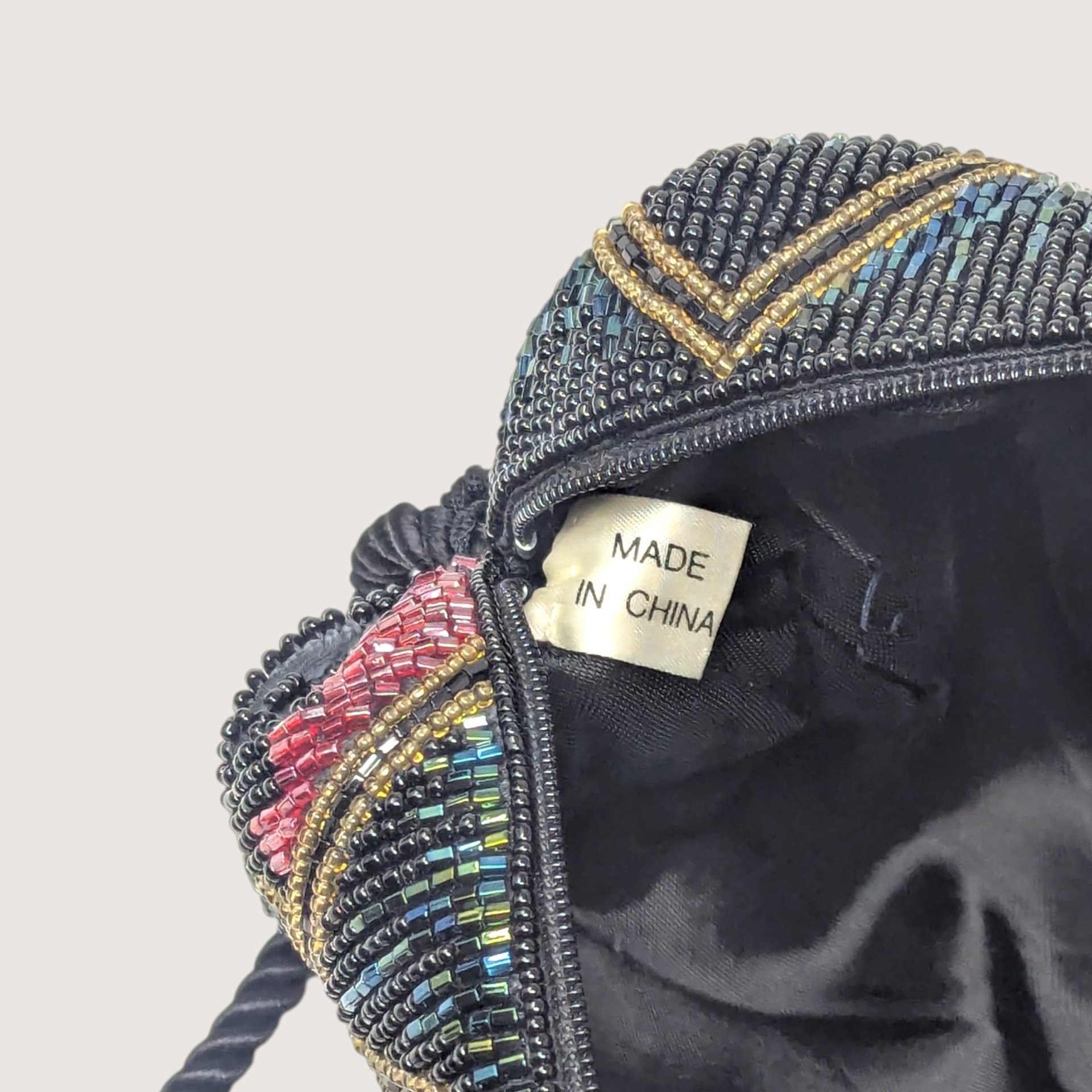 Vintage Beaded Black Purse With Multicolor Geometric Design