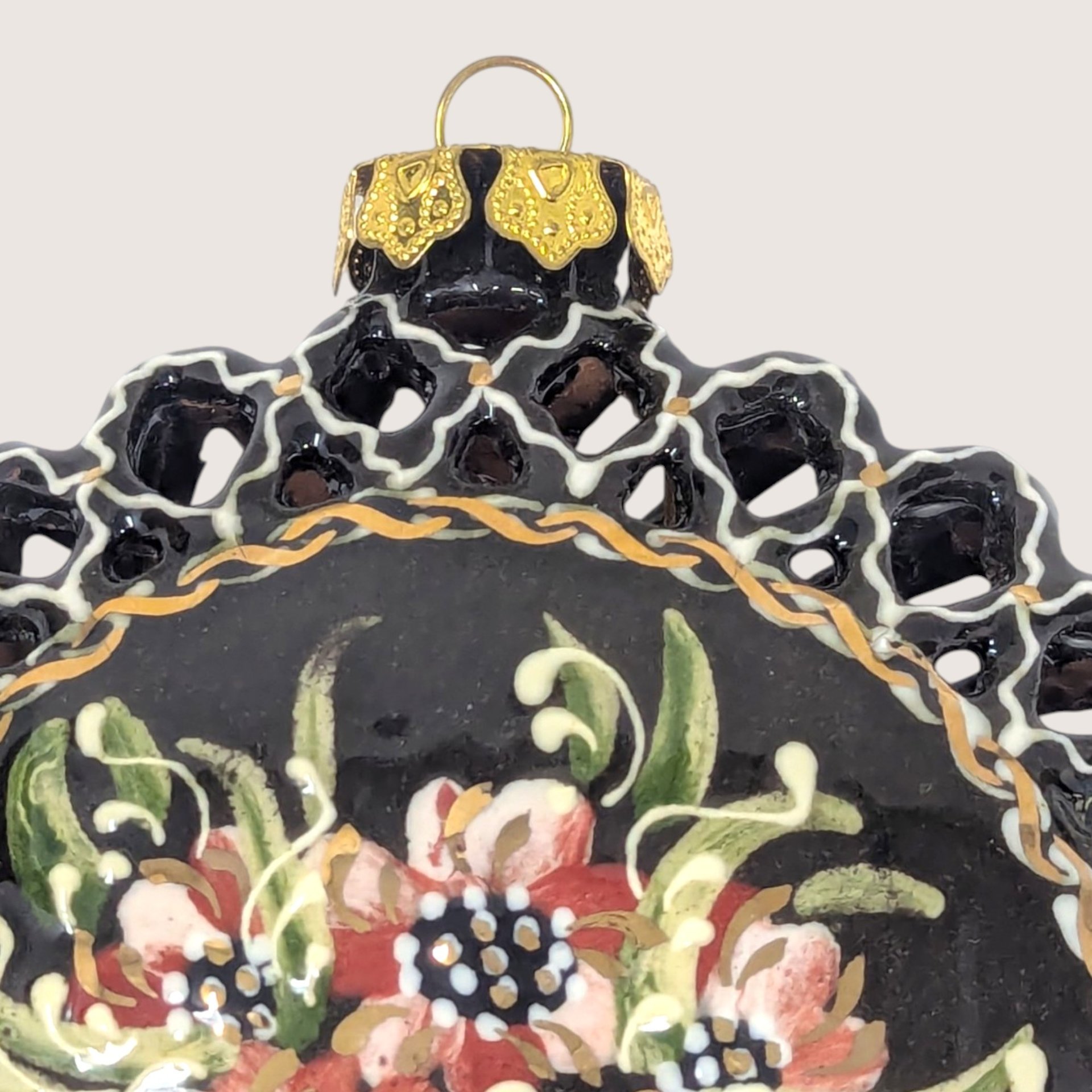 Vintage Handpainted Clay Cutout Floral Christmas Ornament