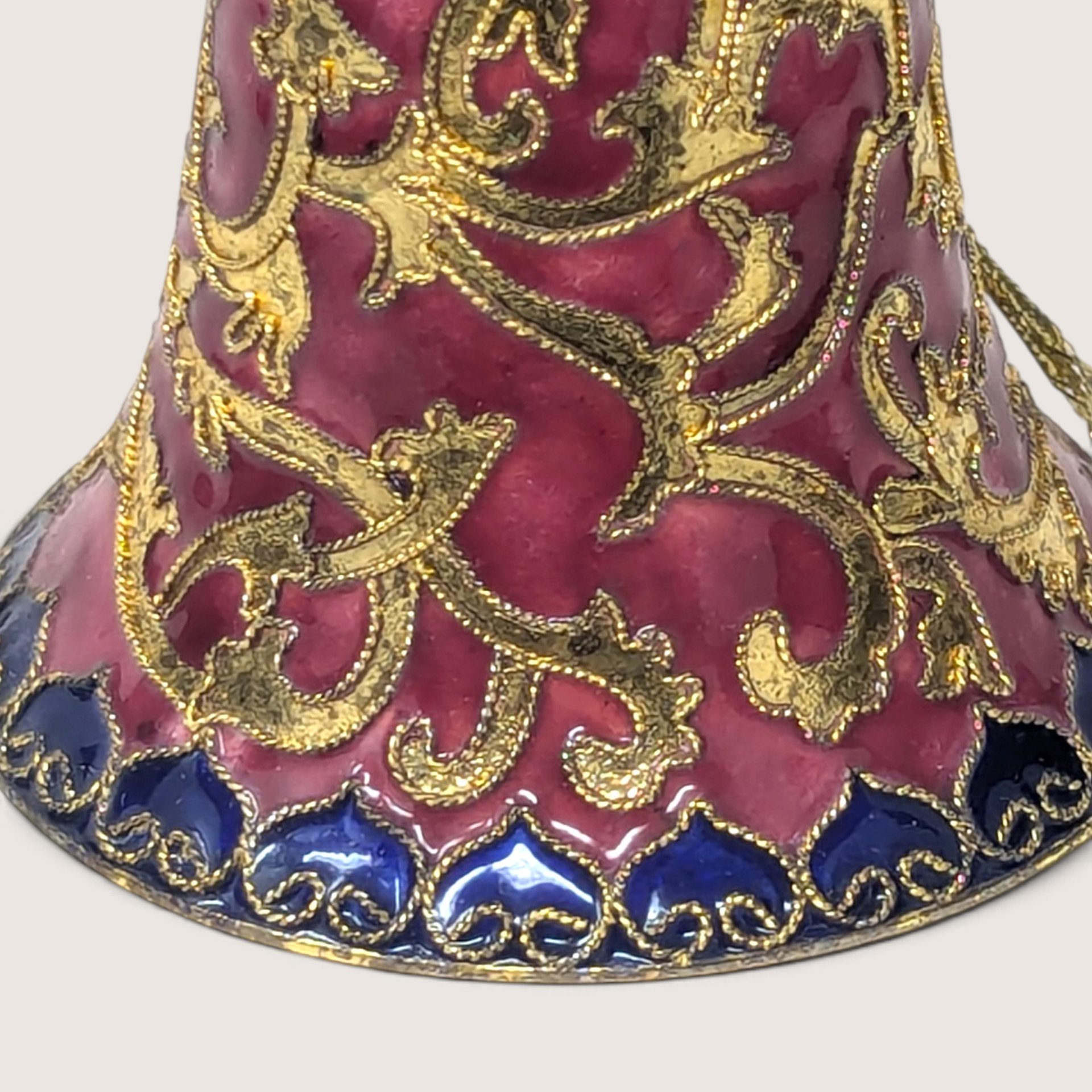 Vintage Enamel And Metal Bell Christmas Ornament With Gold Scrollwork