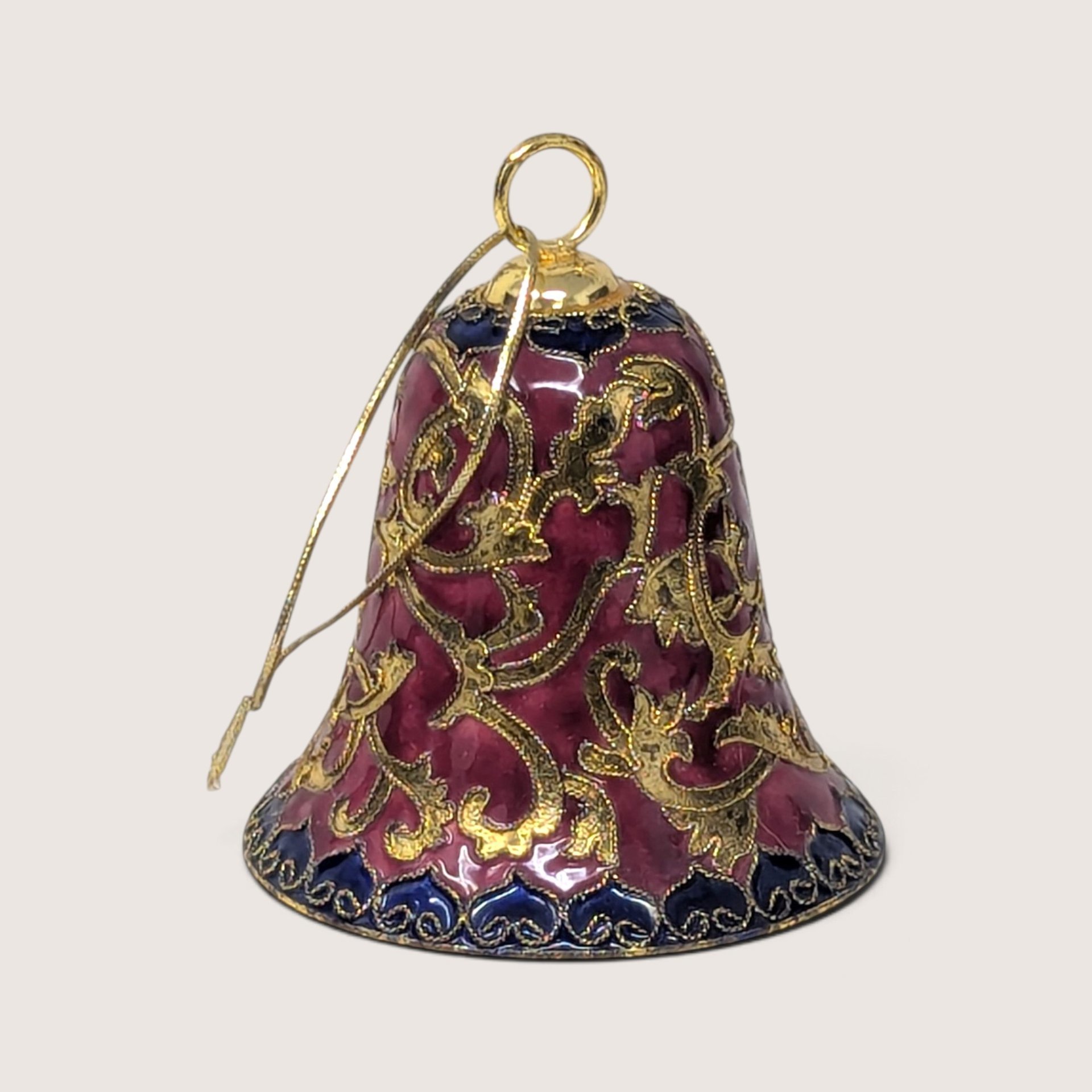 Vintage Enamel And Metal Bell Christmas Ornament With Gold Scrollwork