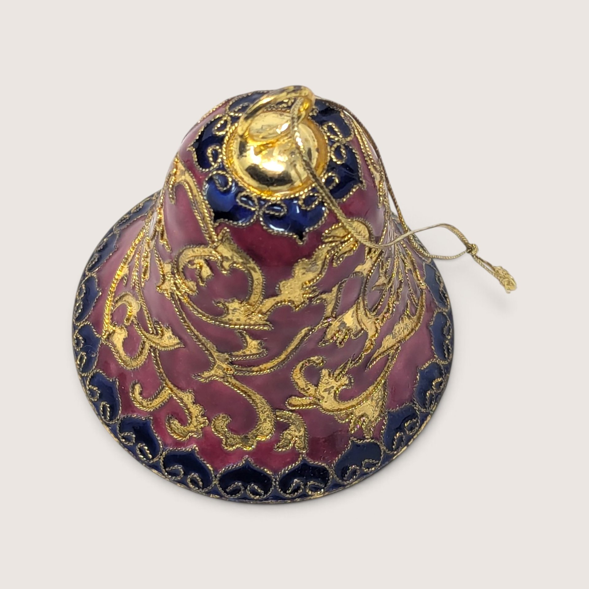 Vintage Enamel And Metal Bell Christmas Ornament With Gold Scrollwork