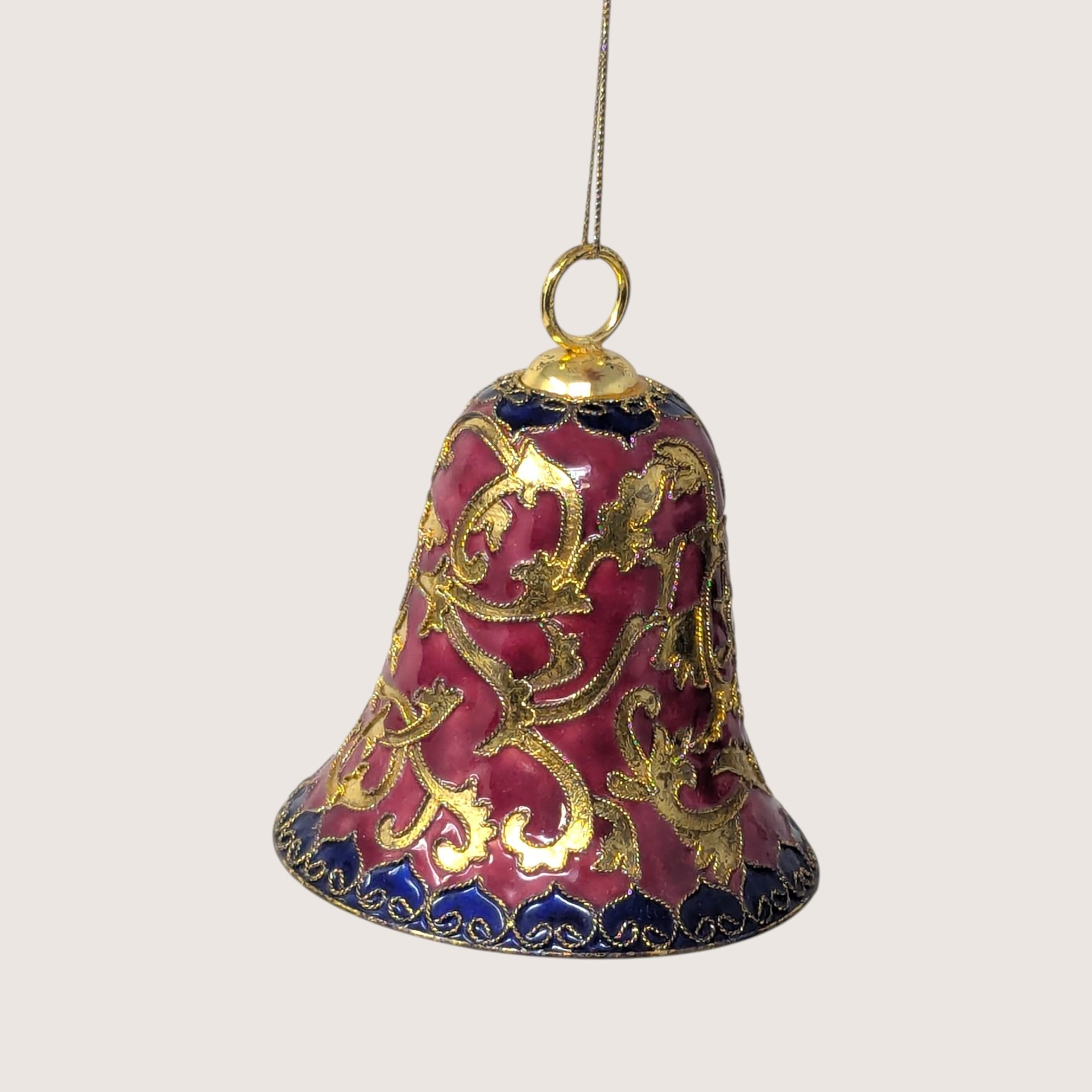 Vintage Enamel And Metal Bell Christmas Ornament With Gold Scrollwork