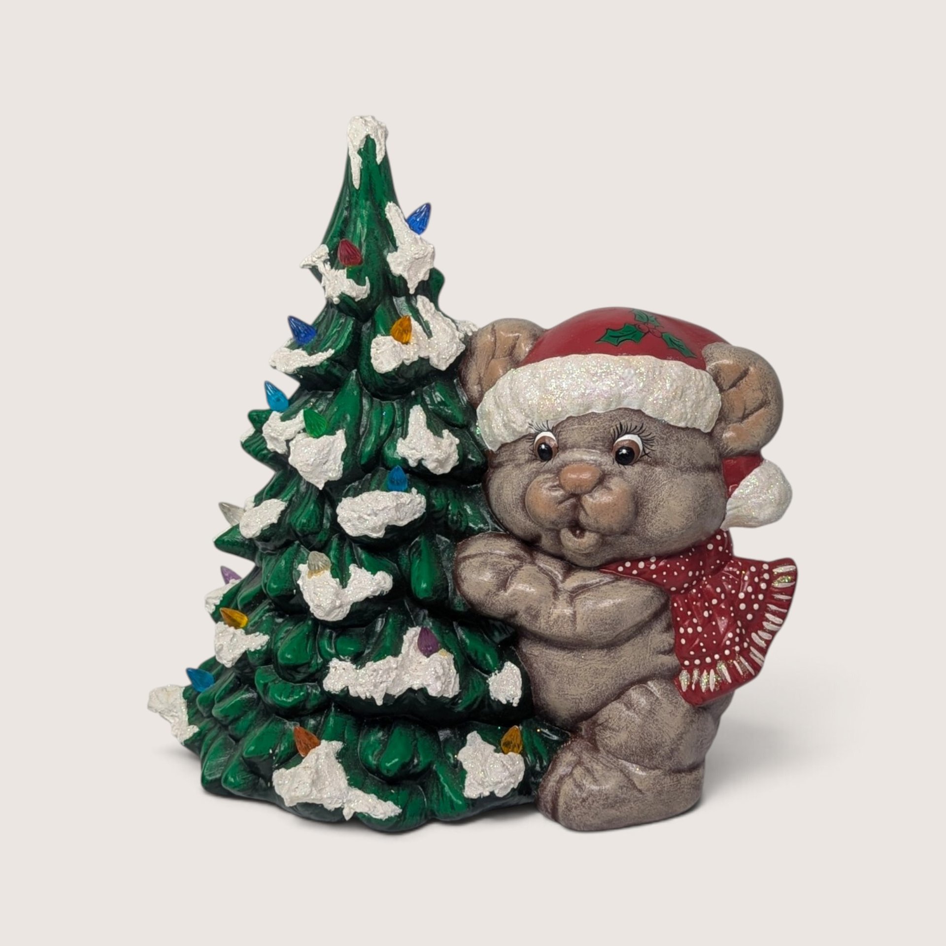 Vintage 1990s ceramic mouse and Christmas tree figurine with lights.