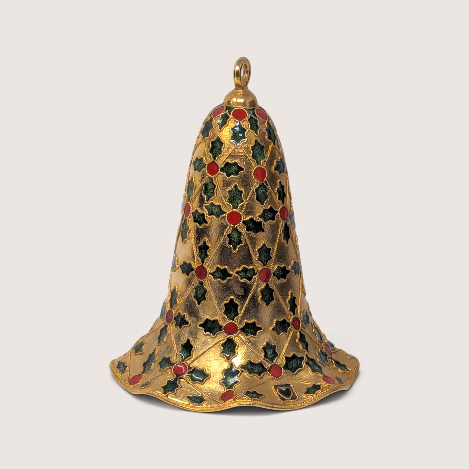 Vintage Enamel Metal Bell Ornament with Holly Leaves