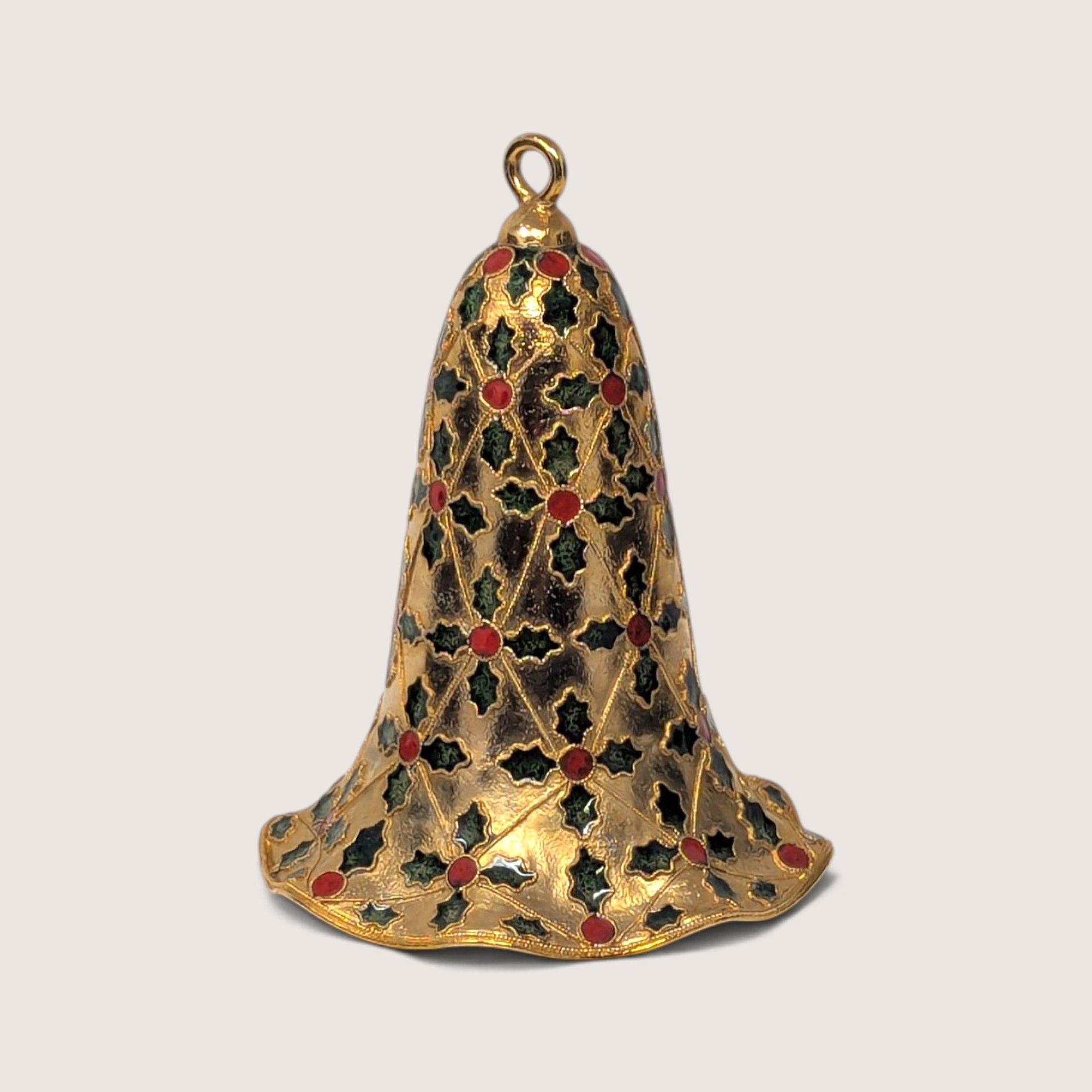 Vintage Enamel Metal Bell Ornament with Holly Leaves