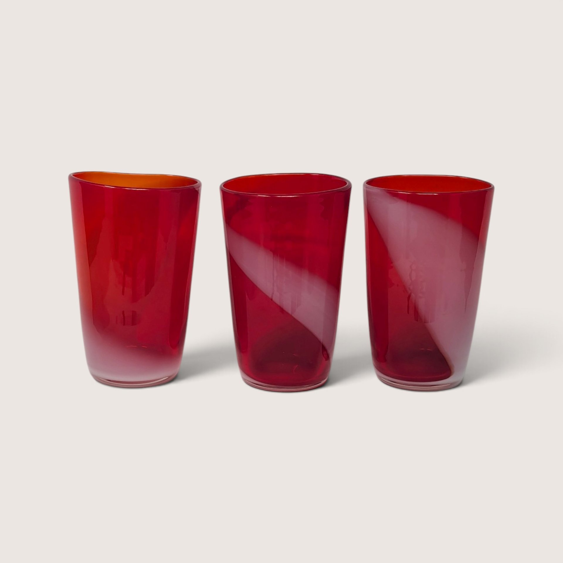 Set of 6 vintage FTG Japan red and white multi-layer art glass small tumblers.