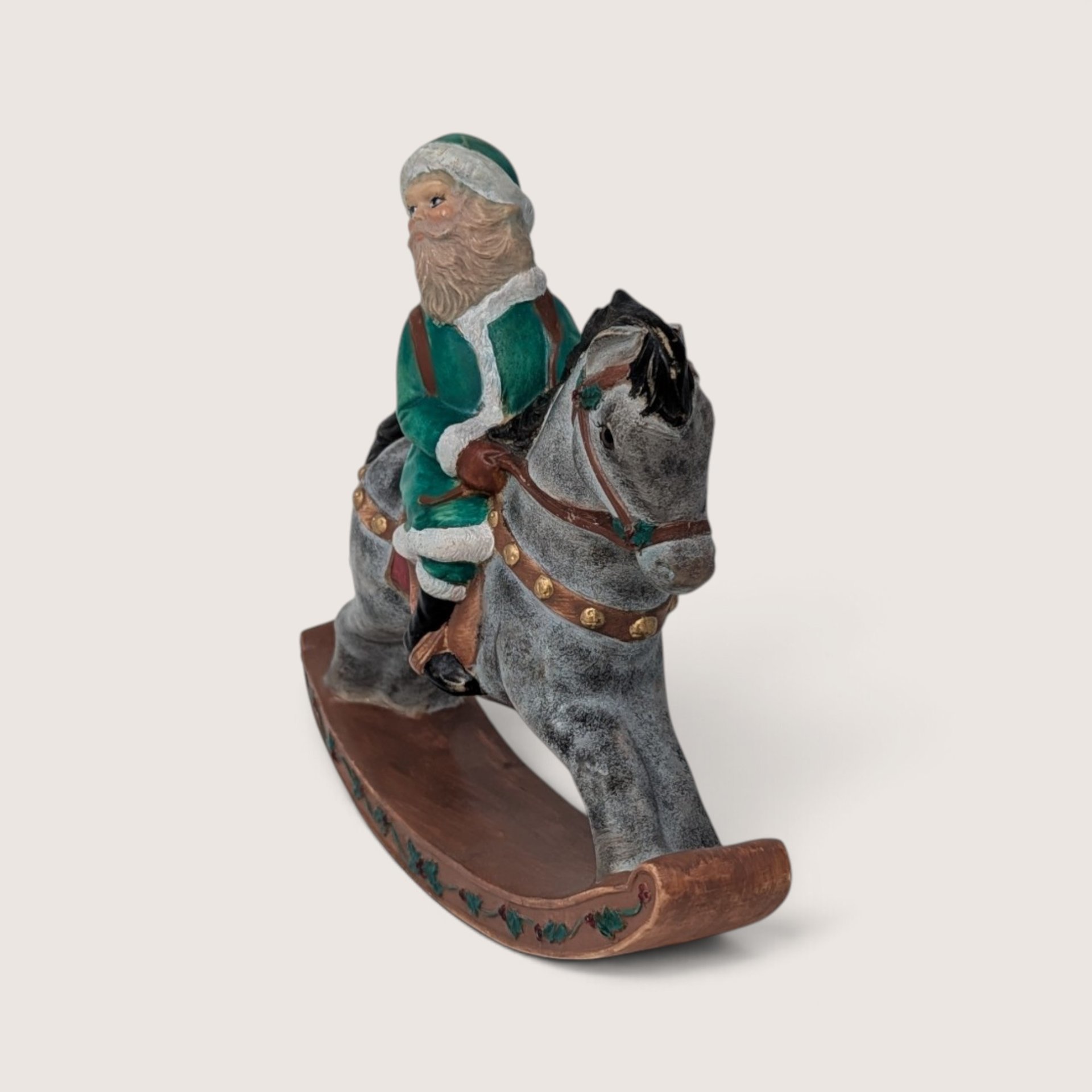 Vintage Green Santa on Rocking Horse Ceramic Figurine