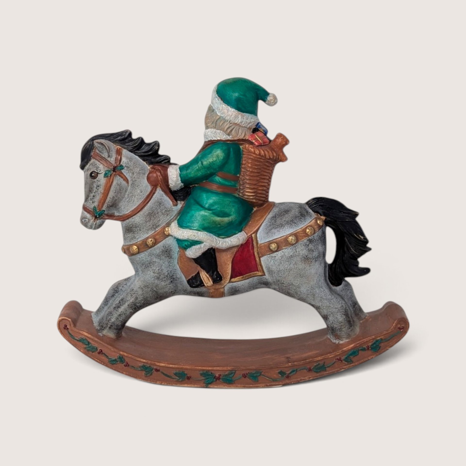 Vintage Green Santa on Rocking Horse Ceramic Figurine
