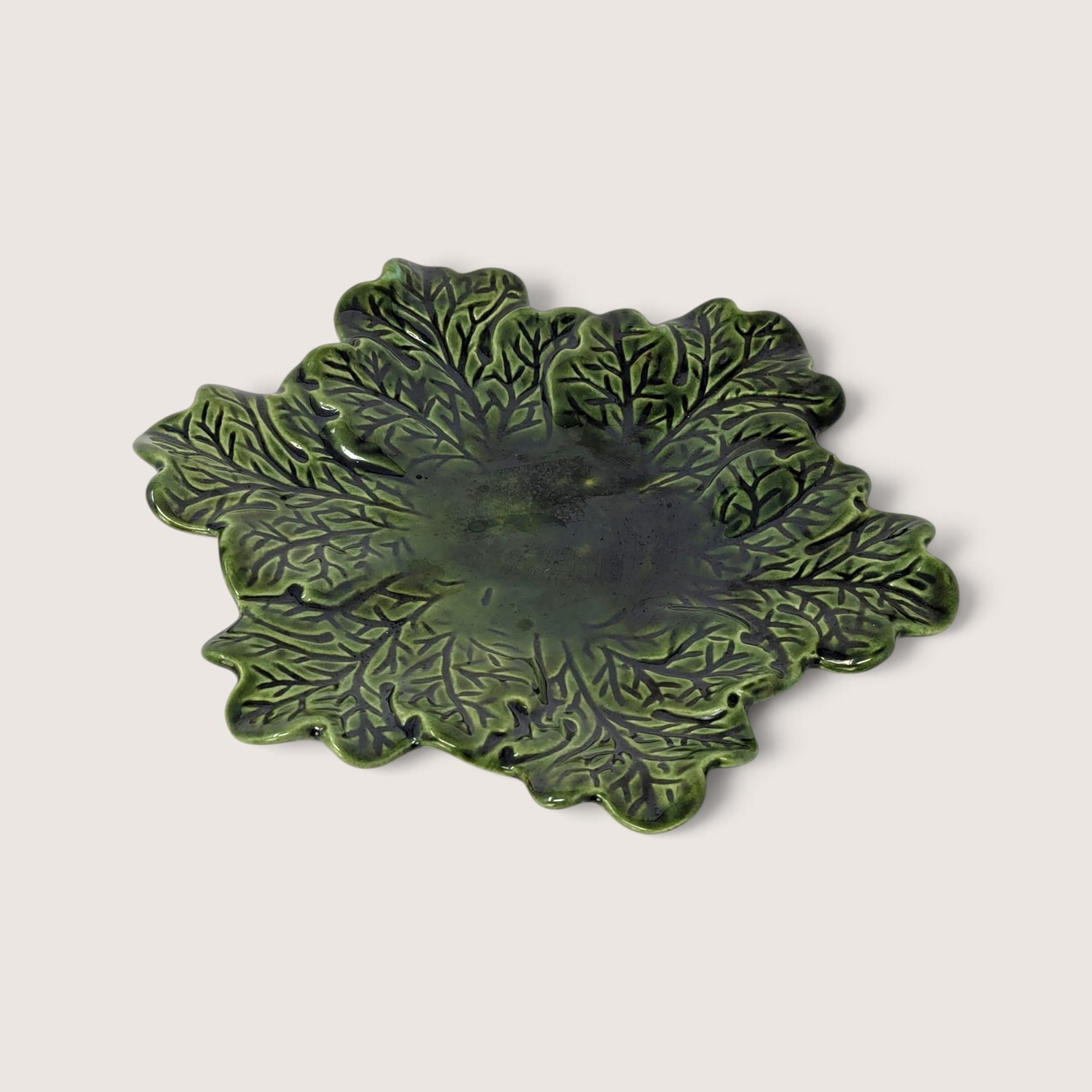 Vintage Green Leaf Majolica Style Ceramic Plate