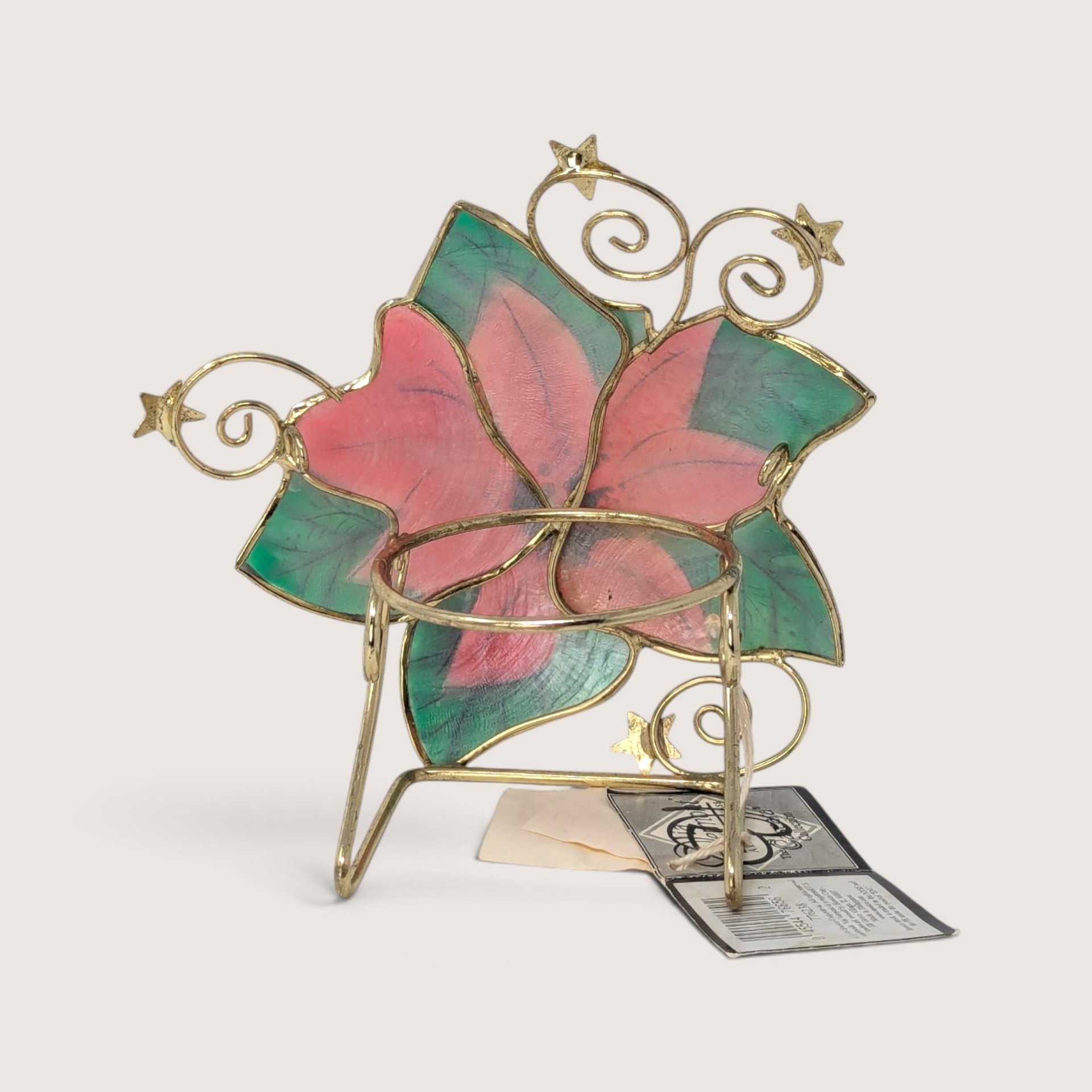1999 Enesco Poinsettia Metal and Shell Christmas Candle Holder