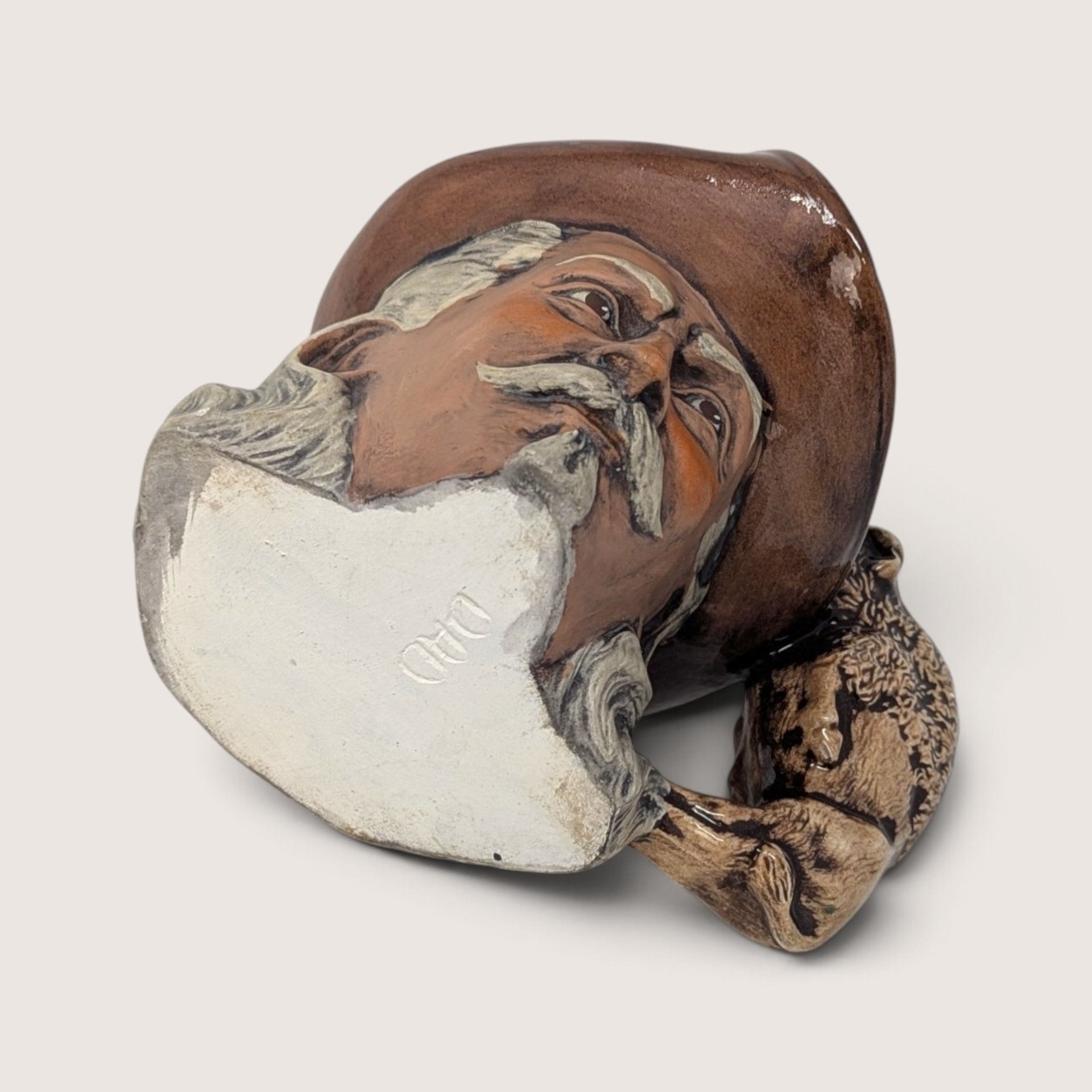 Vintage hand-painted ceramic character mug depicting Buffalo Bill Cody with a sculpted bison handle and "DAD" inscribed on the base.