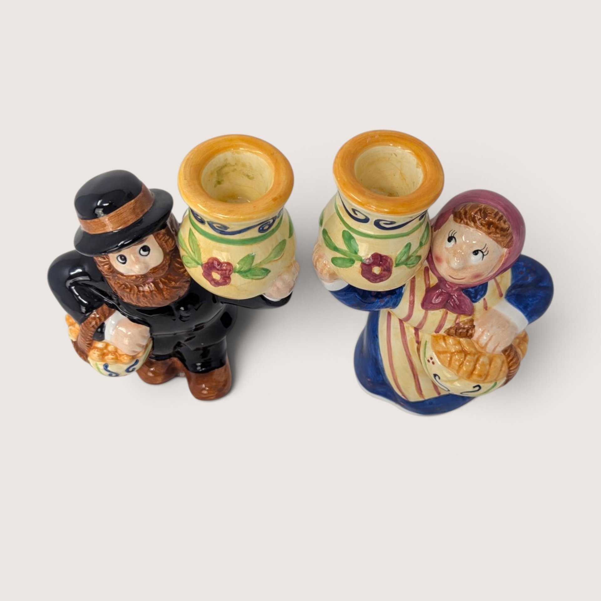 Vintage Lotus Handcrafted Ceramic Thanksgiving Pilgrim Candle Holders