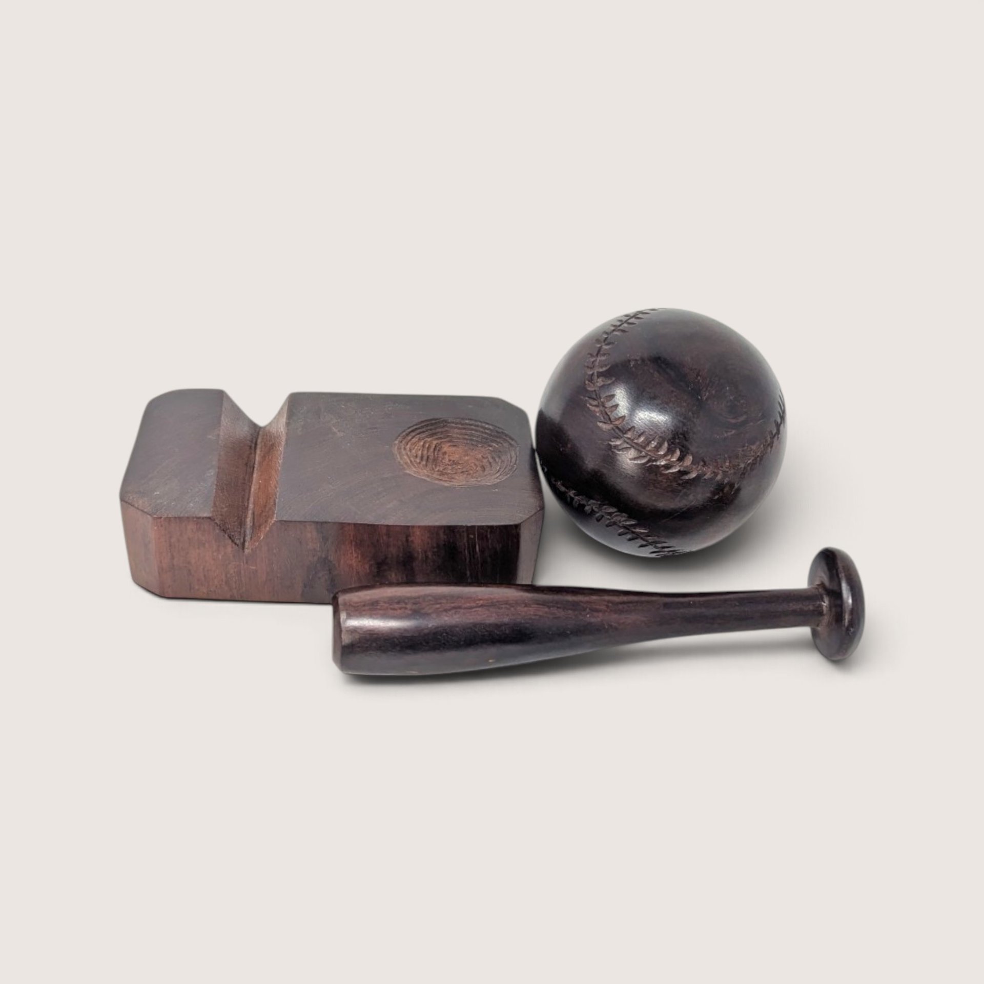 Vintage Hand Carved Wooden Baseball and Bat Figurine