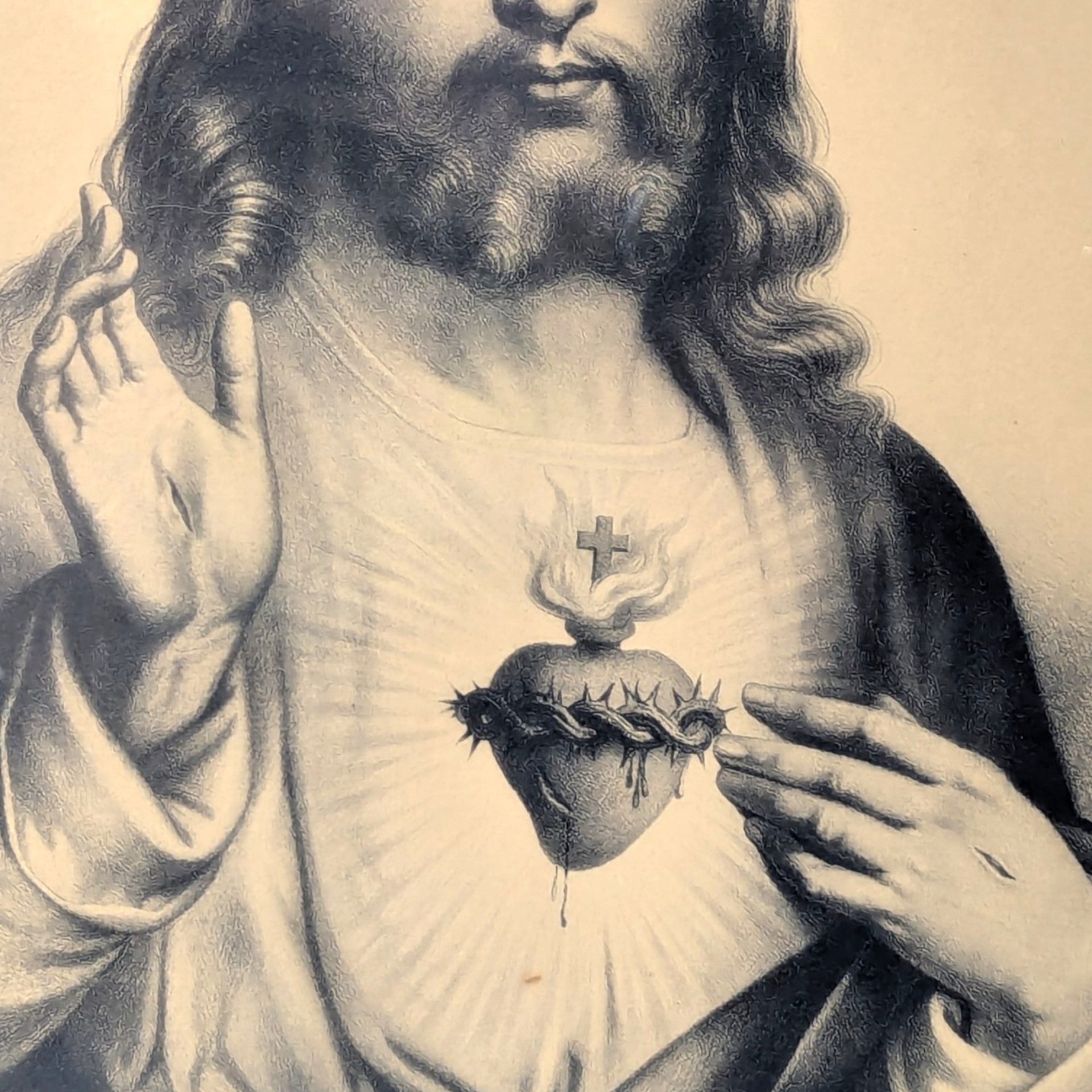 Vintage Sepia Tone Wood Framed Sacred Heart Jesus Print