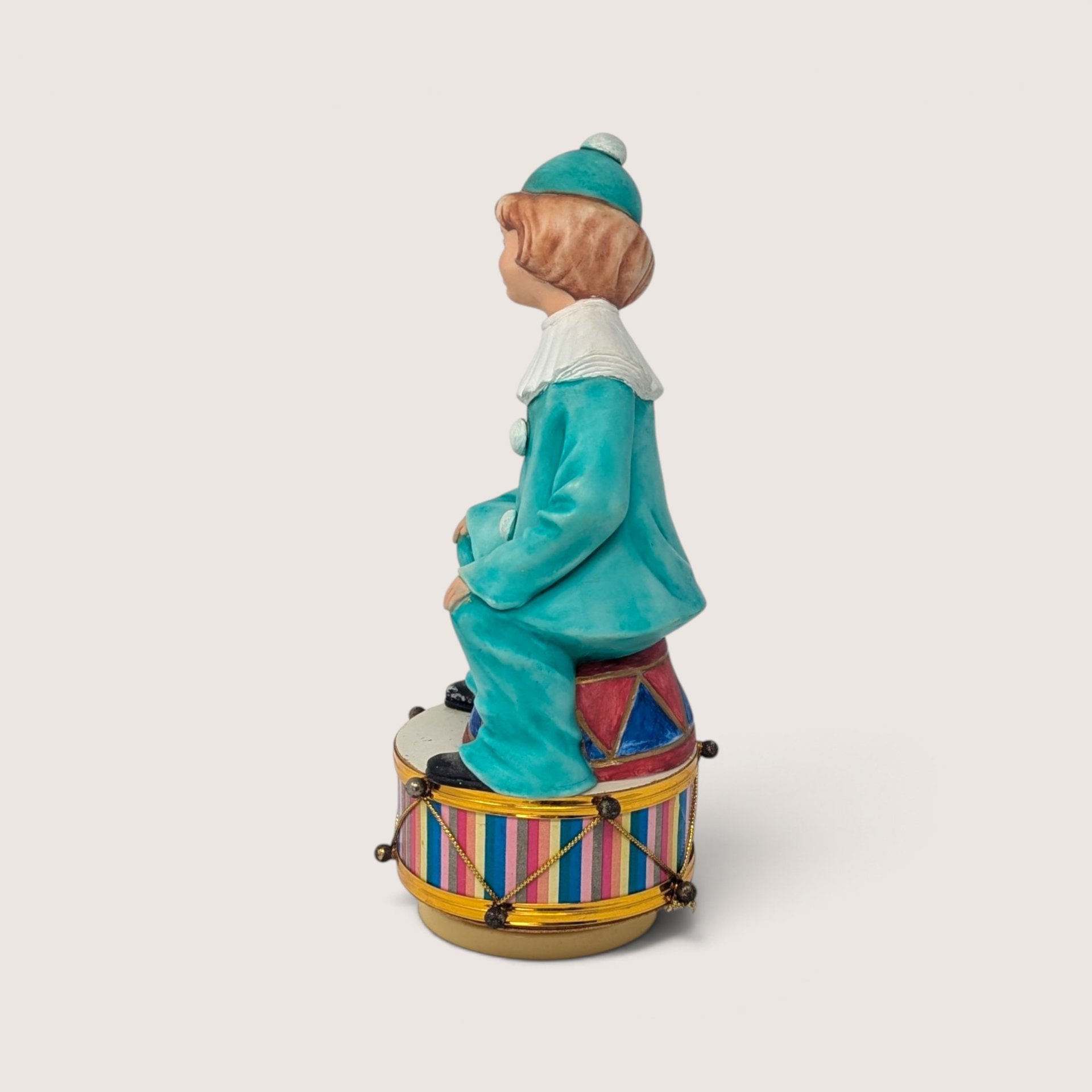 Vintage Ceramic Clown On Drum Rotating Music Box