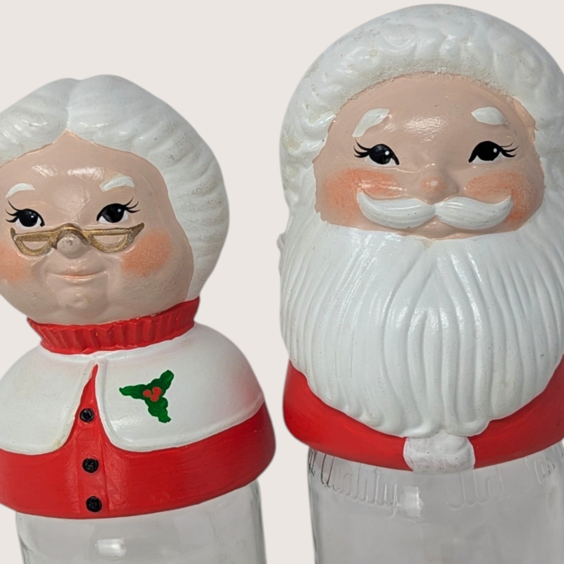 Vintage Ceramic Mr And Mrs Claus Mason Jar Topper Set With Glass Bases