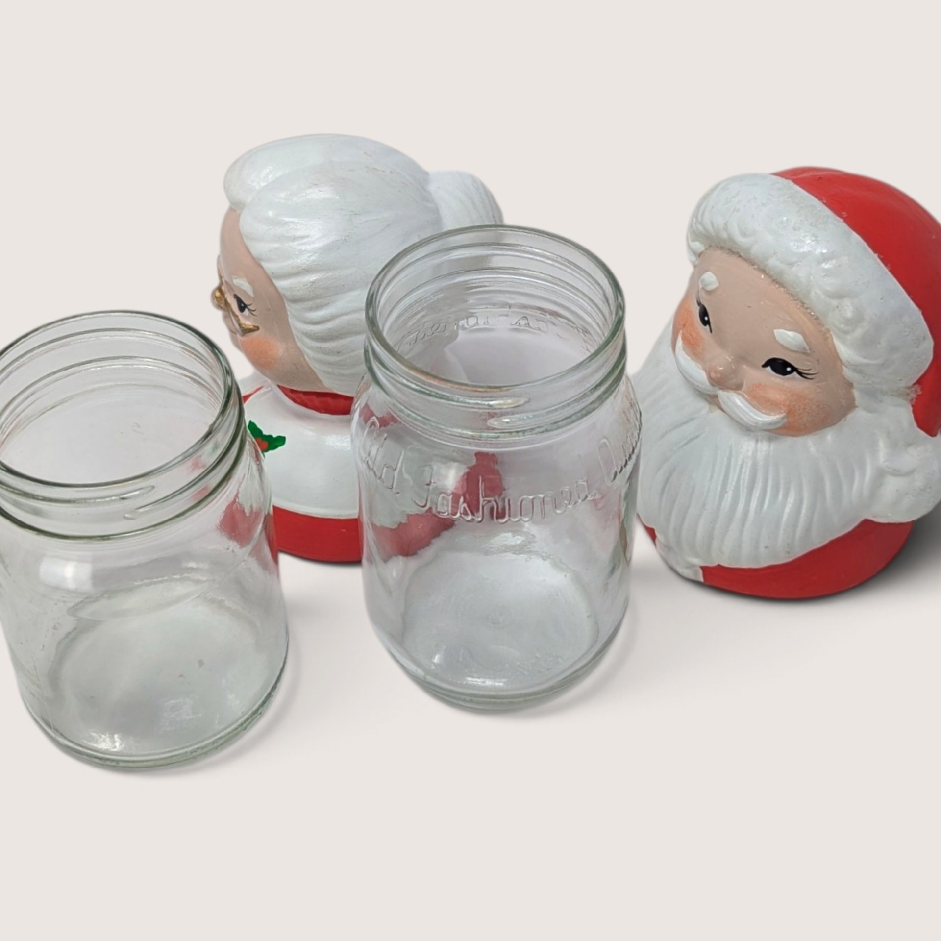 Vintage Ceramic Mr And Mrs Claus Mason Jar Topper Set With Glass Bases