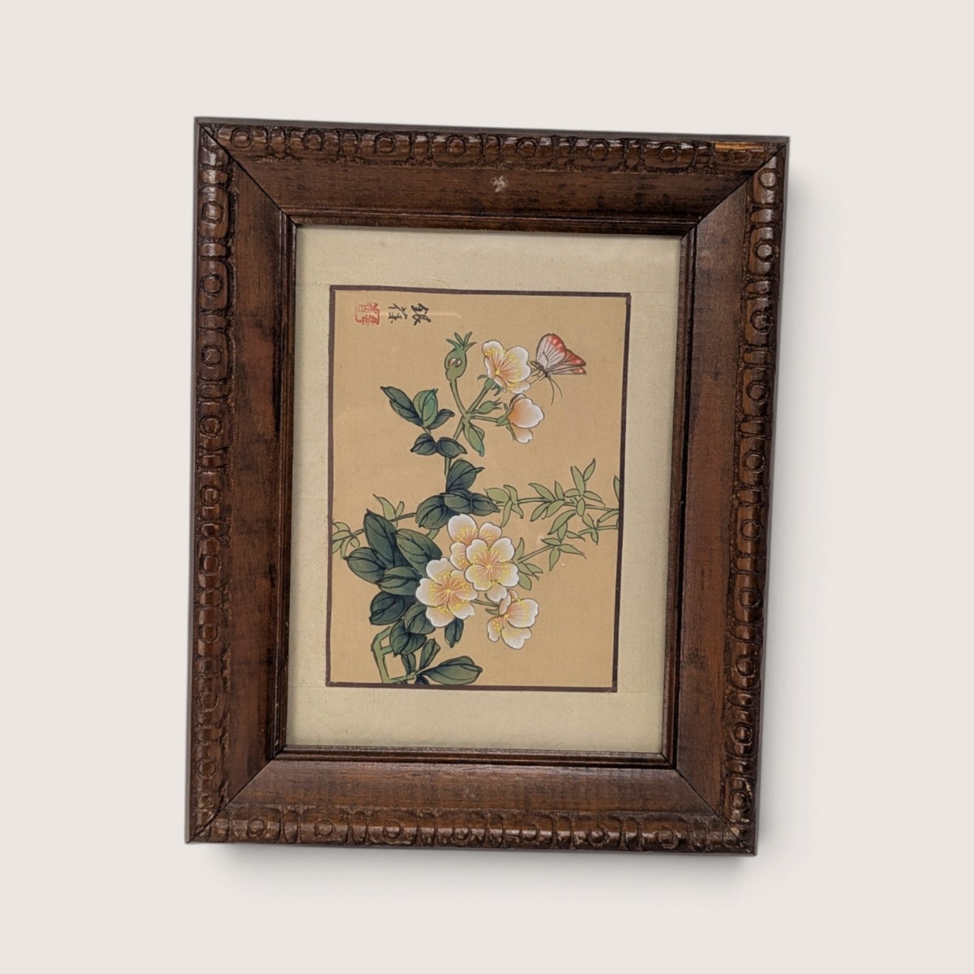 Vintage Asian Wood Framed Botanical Bird Art Prints Pair